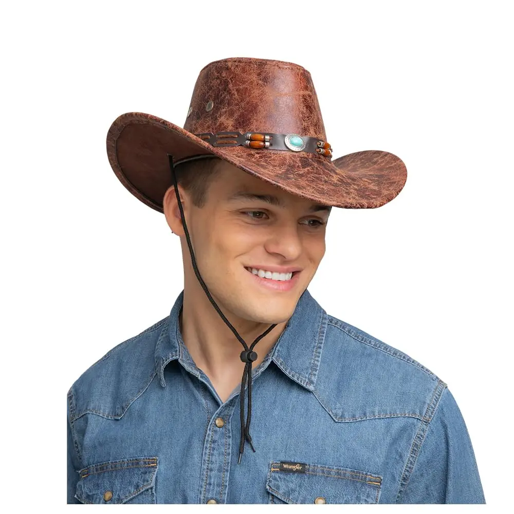 Australian Outback Cowboy Hat Aged Brown Faux Leather Fancy Dress 1