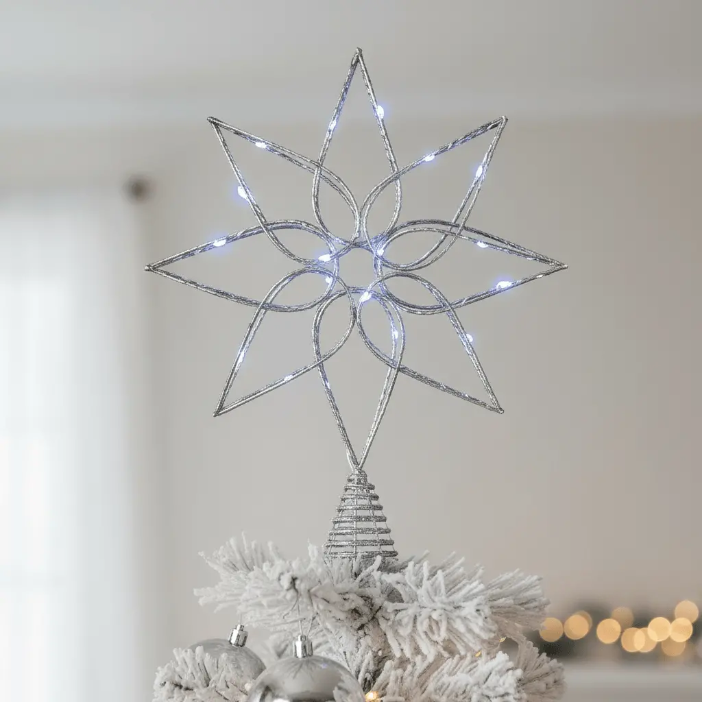 Mr Crimbo Pre-Lit Silver Glitter Flower Christmas Tree Topper Metal Led 1