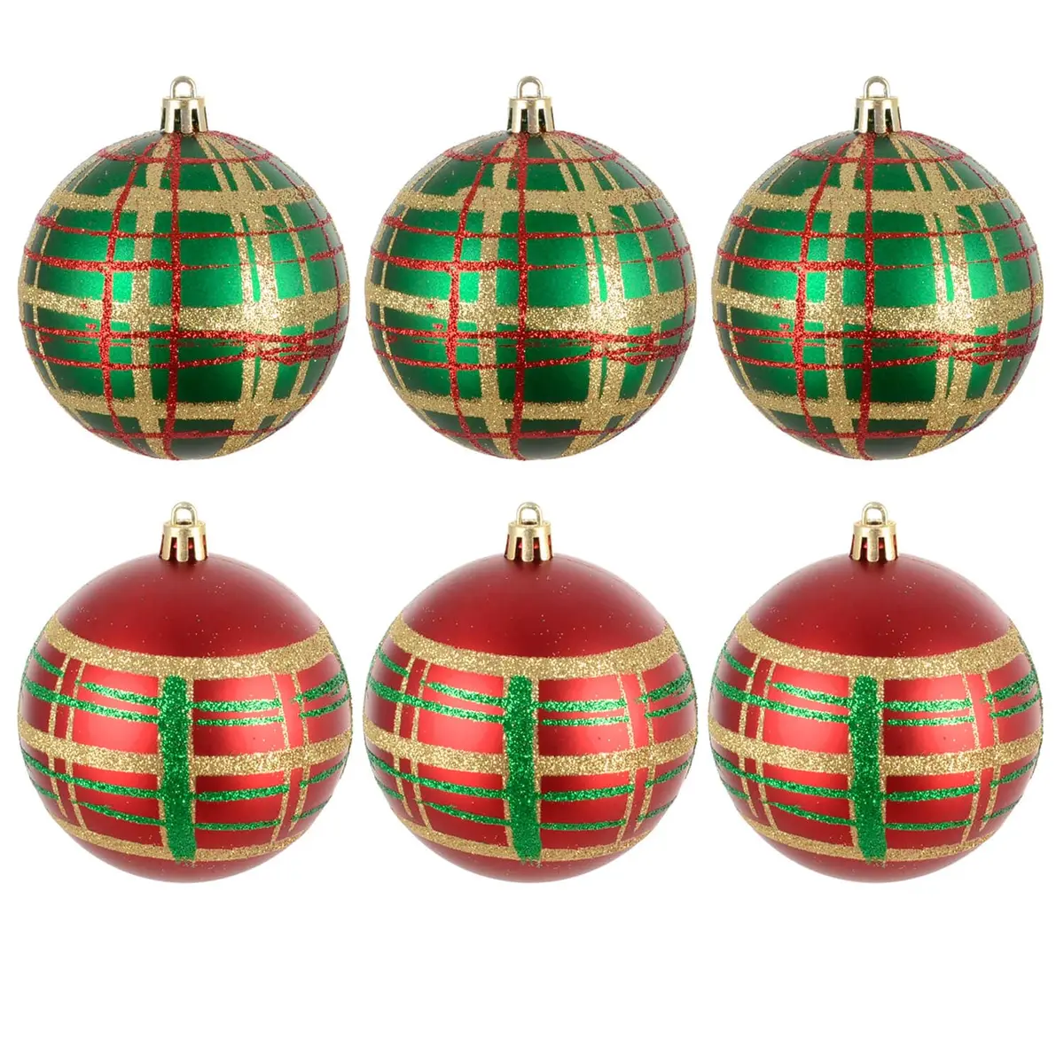 Pack Of 6 Large Christmas Baubles Red Green Tartan Matt Glitter 8Cm 1