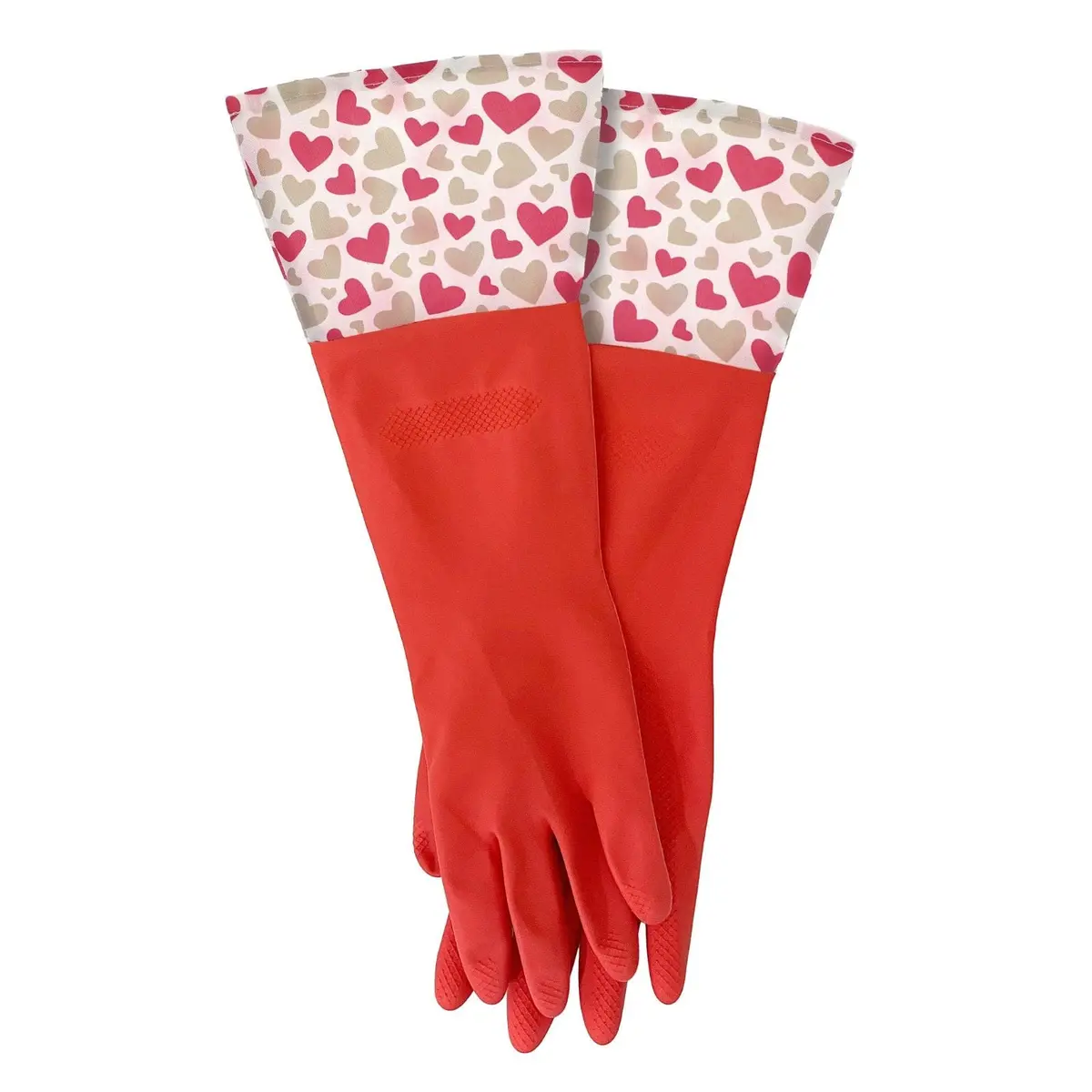 Red Rubber Cleaning Gloves Pattern Cuff Reusable Dishwashing Kitchen 1