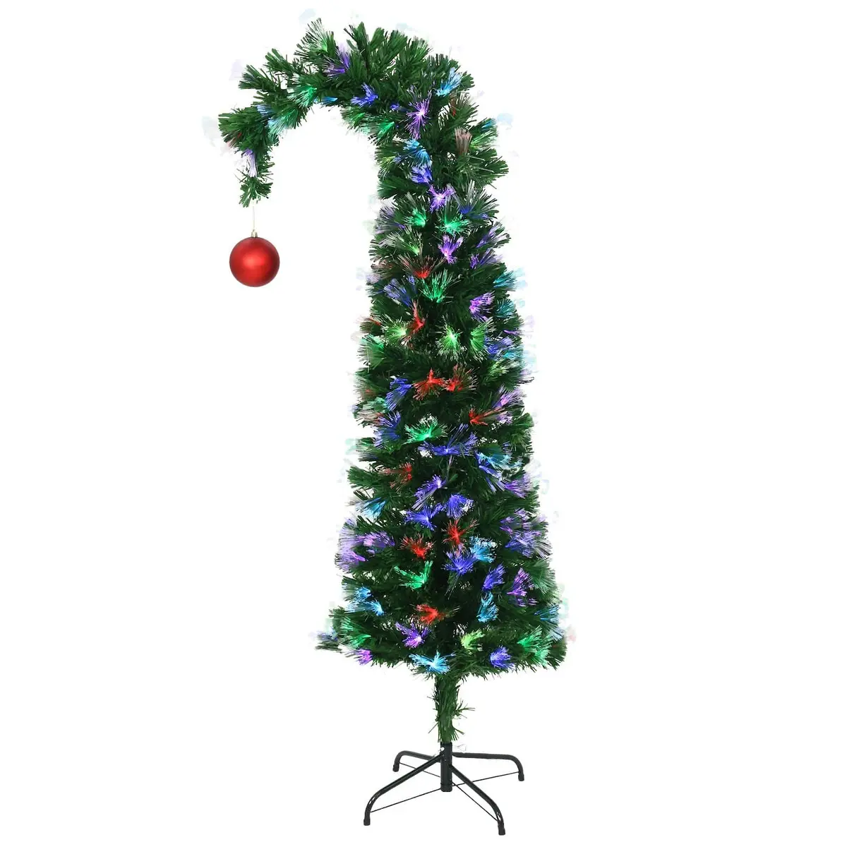 5Ft Green Fibre Optic Lights Curved Bent Top Christmas Tree Red Bauble 1