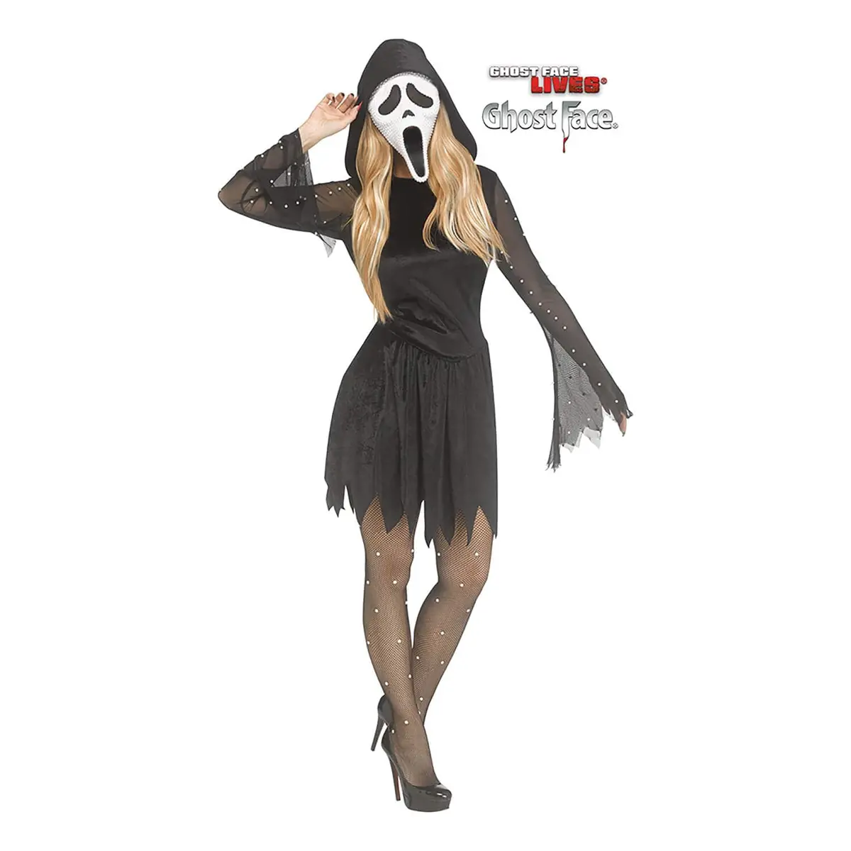 Womens Ghost Face Lives Pearl Velour Hooded Dress Mask Costume 1