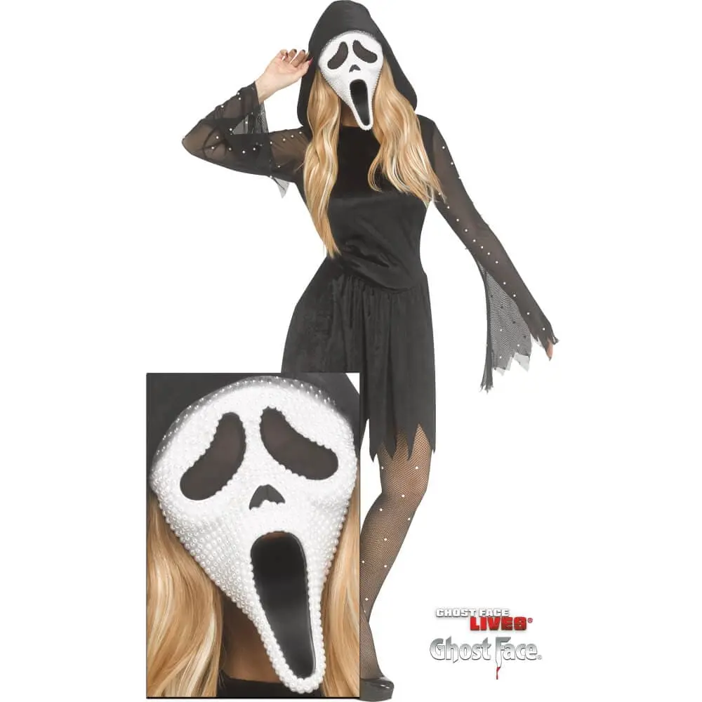 Womens Ghost Face Lives Pearl Velour Hooded Dress Mask Costume 2