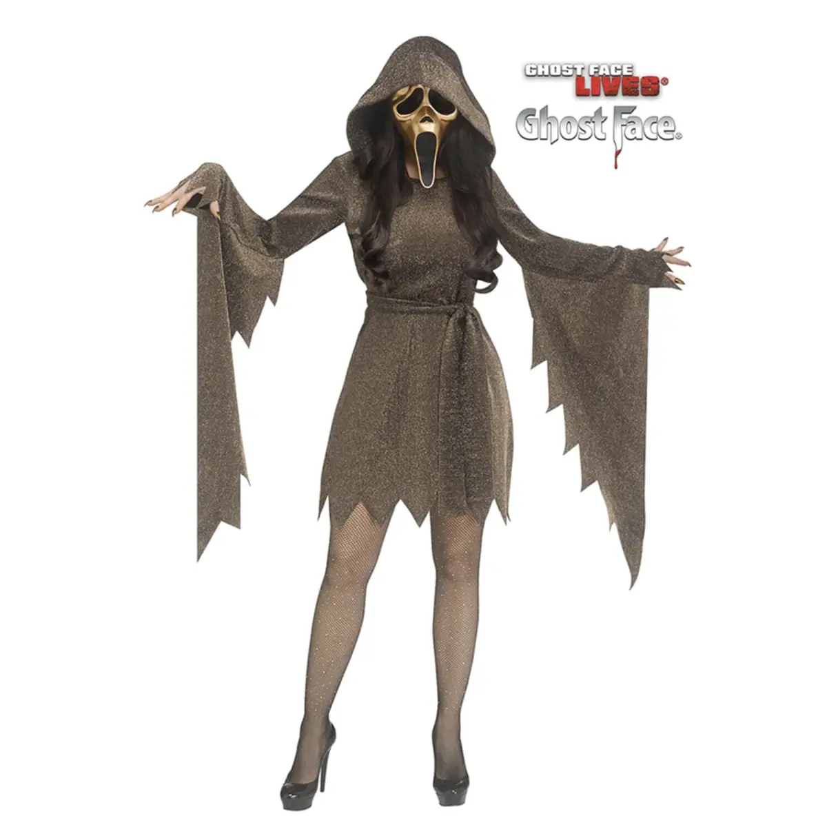 Womens Glittering Gold Ghost Face Hooded Dress Mask Costume 1