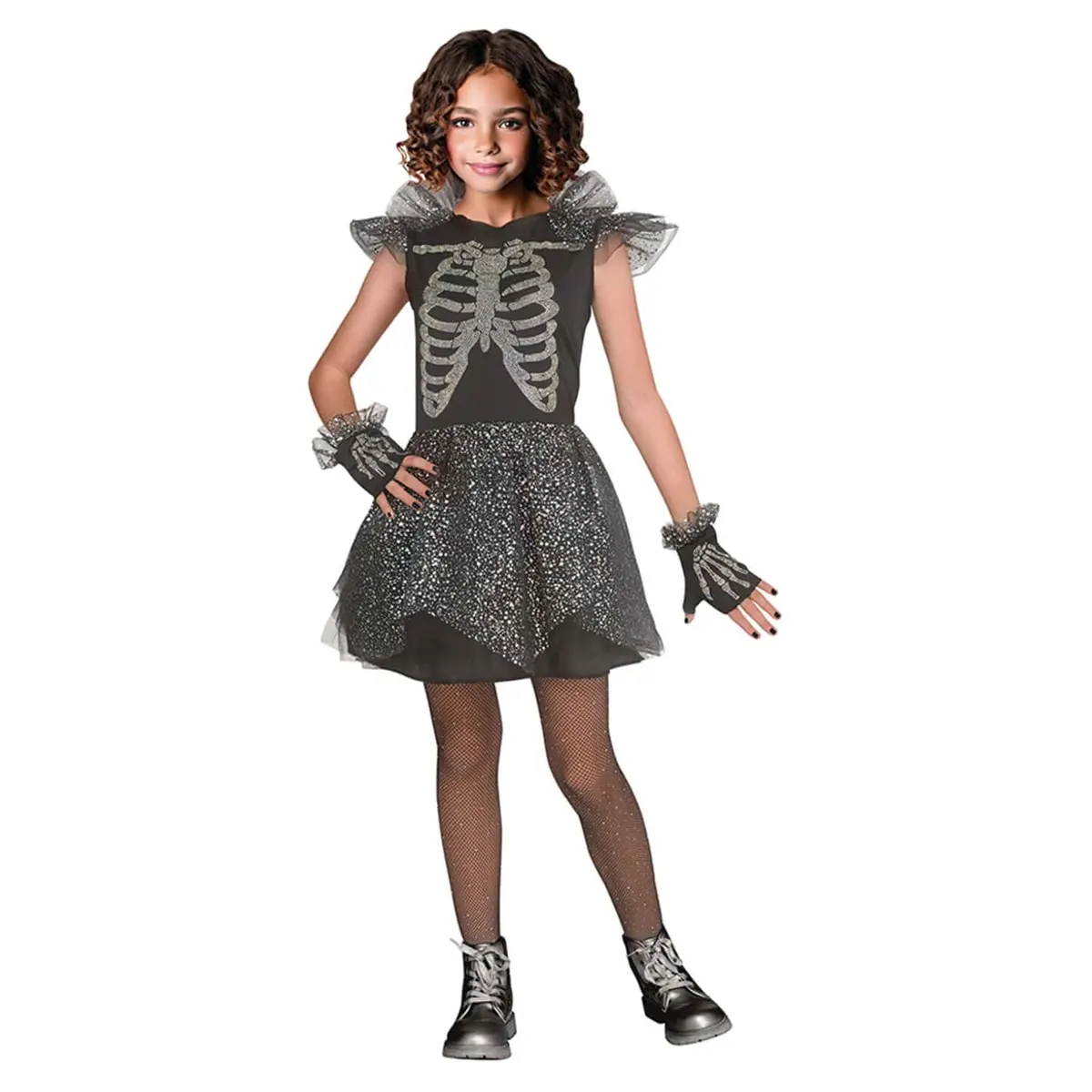 Kids Skeleton Bling Dress With Gloves Silver Glitter Tulle Costume 1