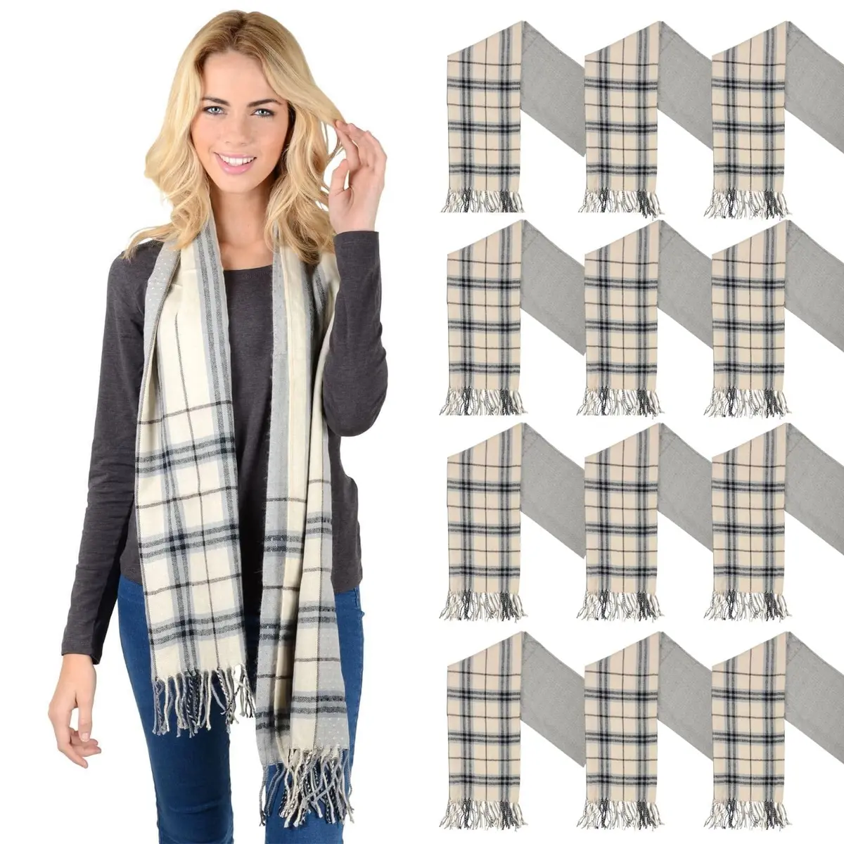 Bulk Pack Of 12 Womens Isla Scarf Cream Check Tartan Soft Woven Fringe 1