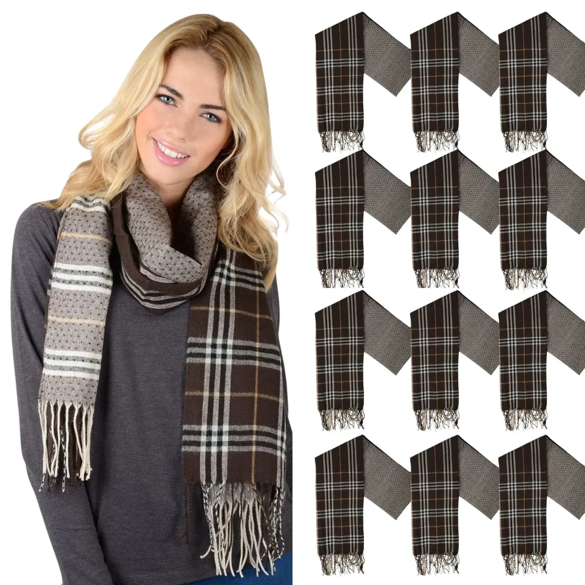 Bulk Pack 12 Womens Winter Scarf Brown Check Tartan Soft Woven Fringe 1