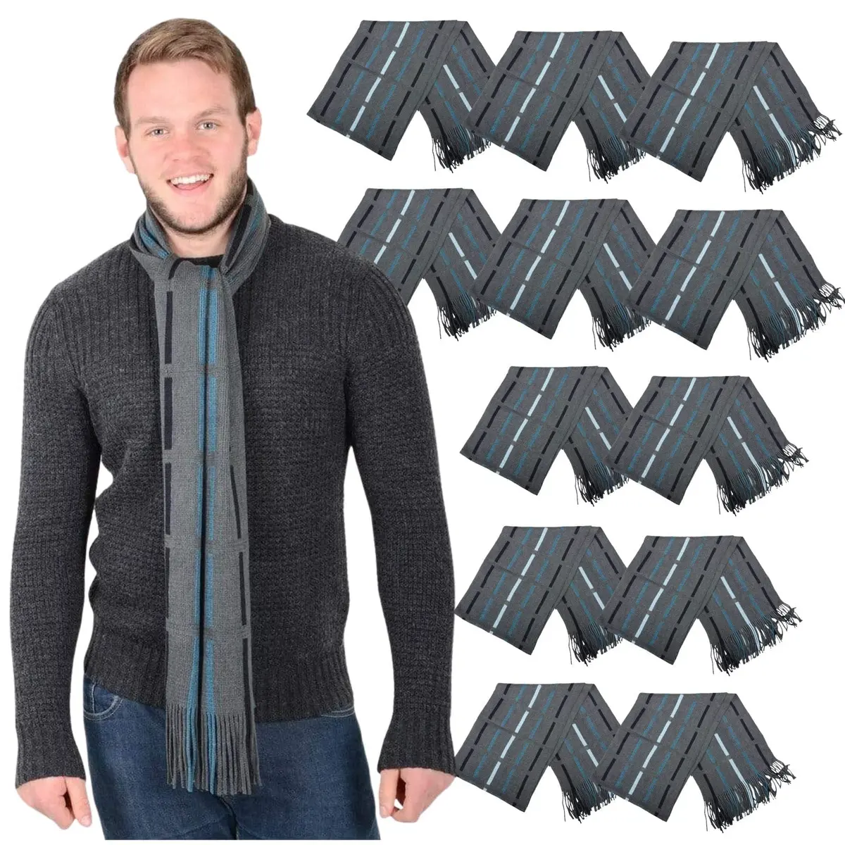Bulk Of Pack 12 Mens Grey Blue Stripes Design Knitted Scarf Fringed 1