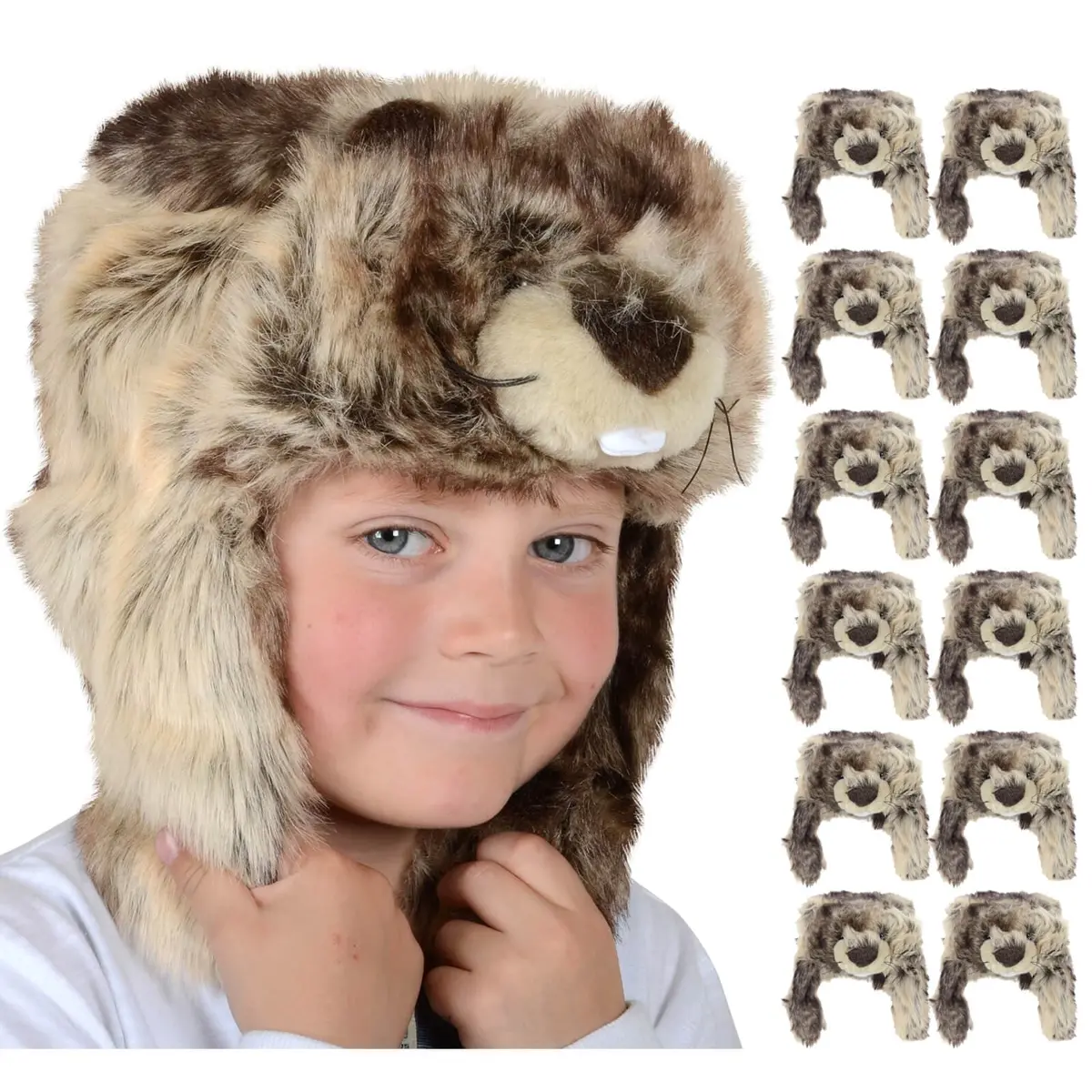 Bulk Pack Of 12 Kids Deluxe Faux Fur Beaver Hat With Ear Flaps 1