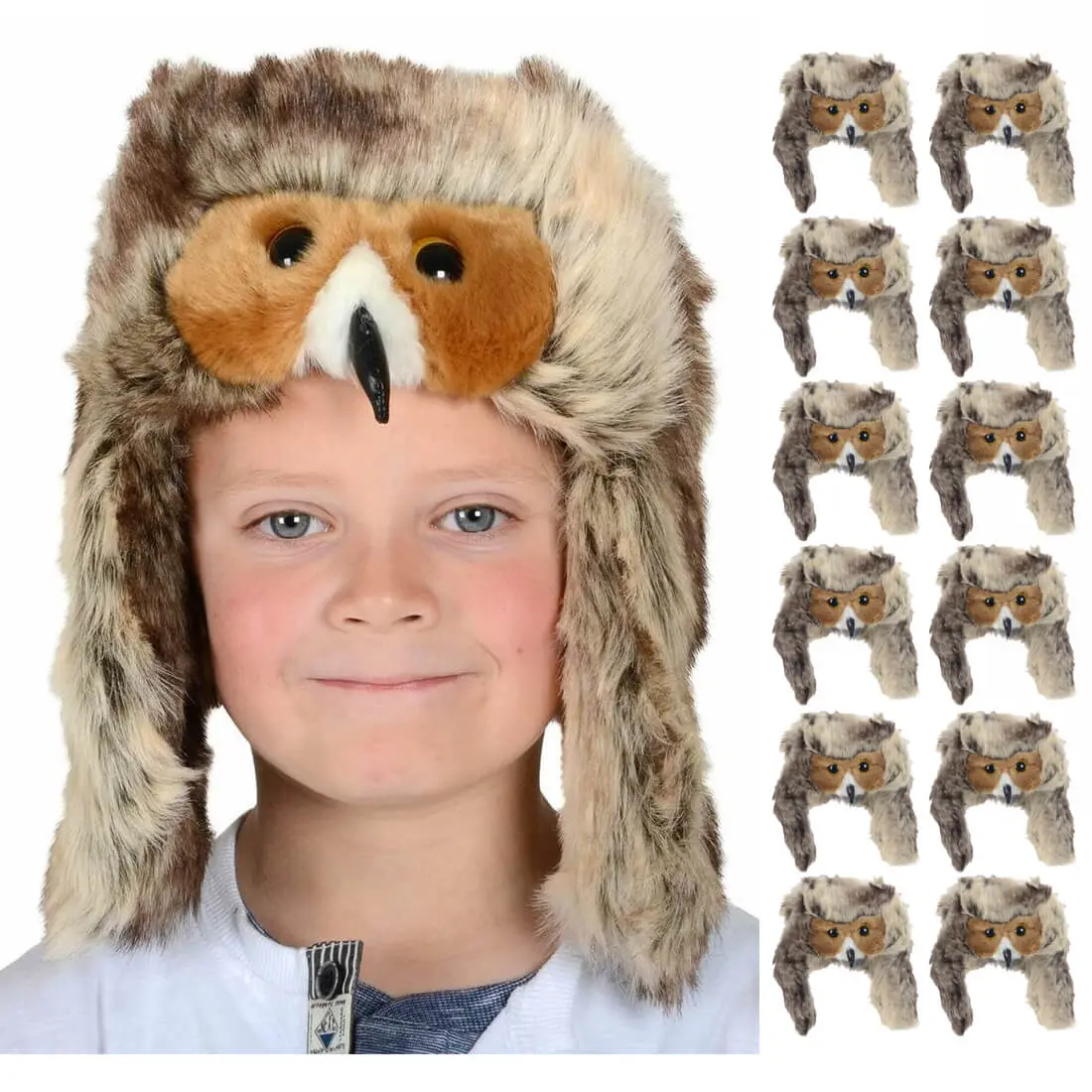 Bulk Pack Of 12 Kids Deluxe Faux Fur Owl Hat With Ear Flaps 1