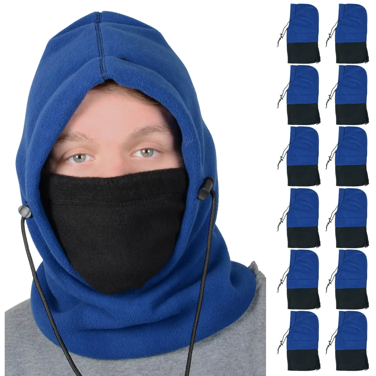 Bulk Pack Of 12 Adult Polar Fleece Hood Reversible 6-In-1 Design Navy 1