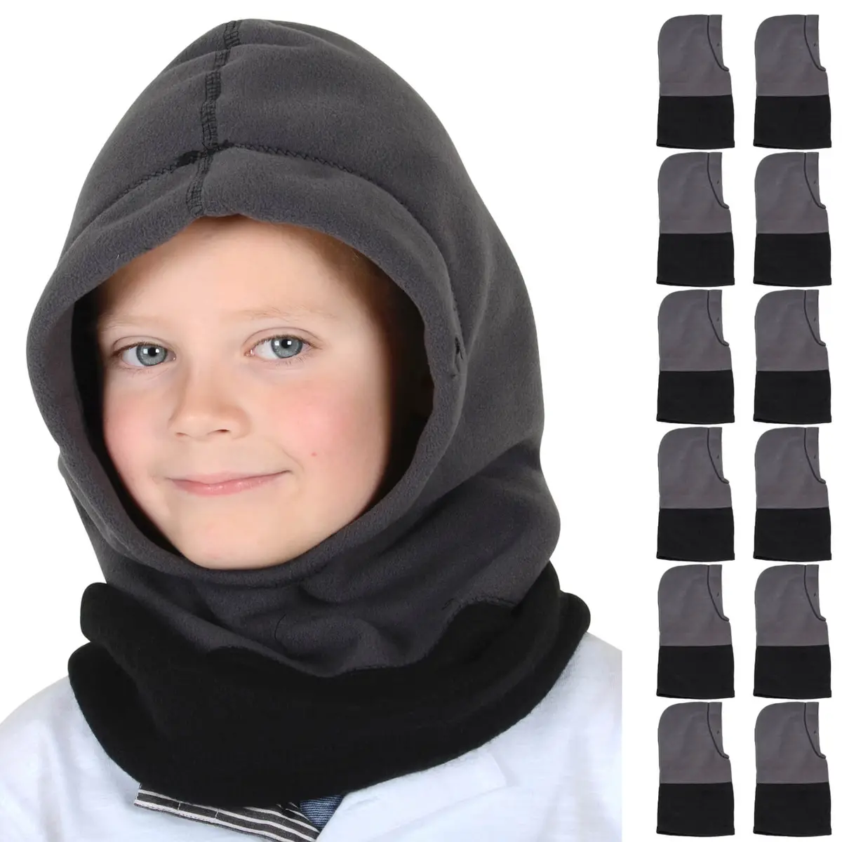 Bulk Pack Of 12 Kids Polar Fleece Hood Balaclava Neck Warmer 2