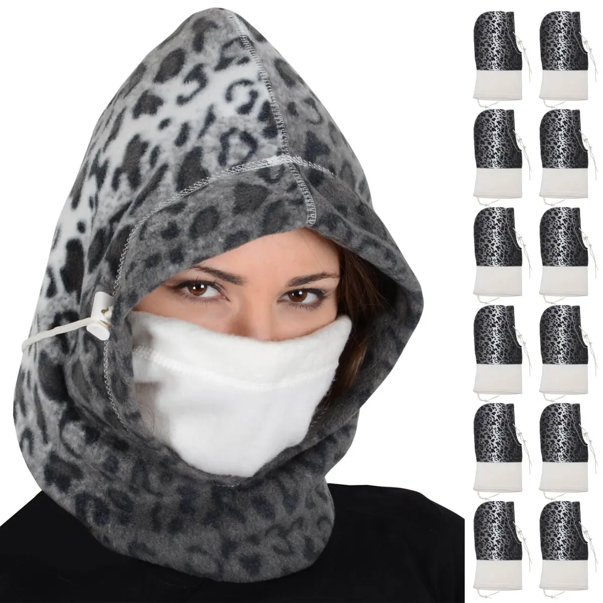 Bulk Pack Of 12 Adult Polar Hood Fleece 6-In-1 Design Snow Leopard 1