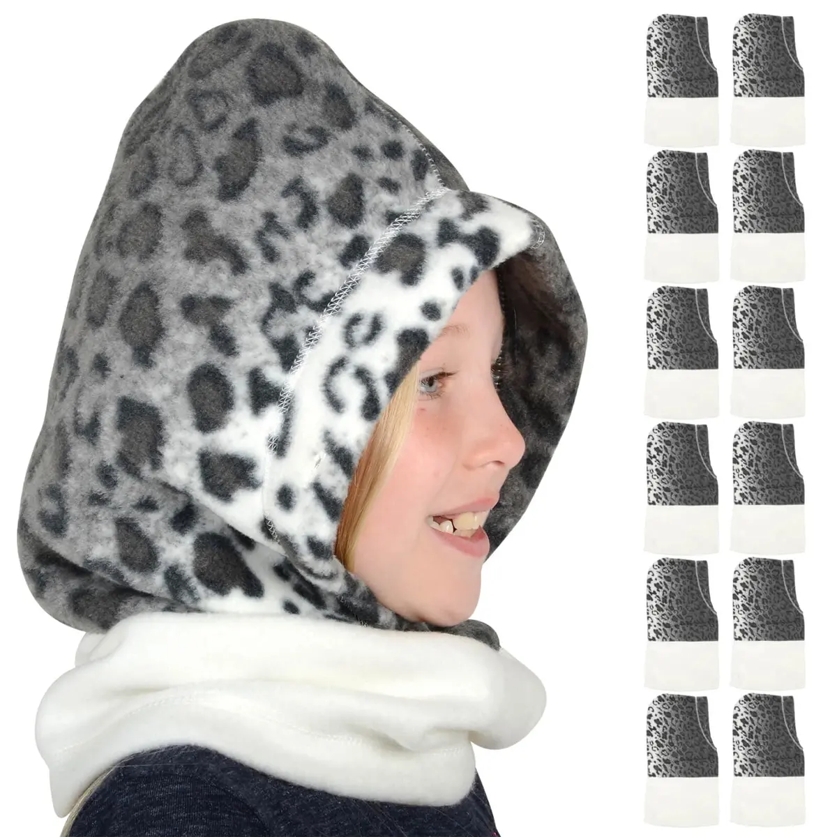 Bulk Pack Of 12 Kids Snow Leopard Polar Fleece Hood Neck Warmer 1