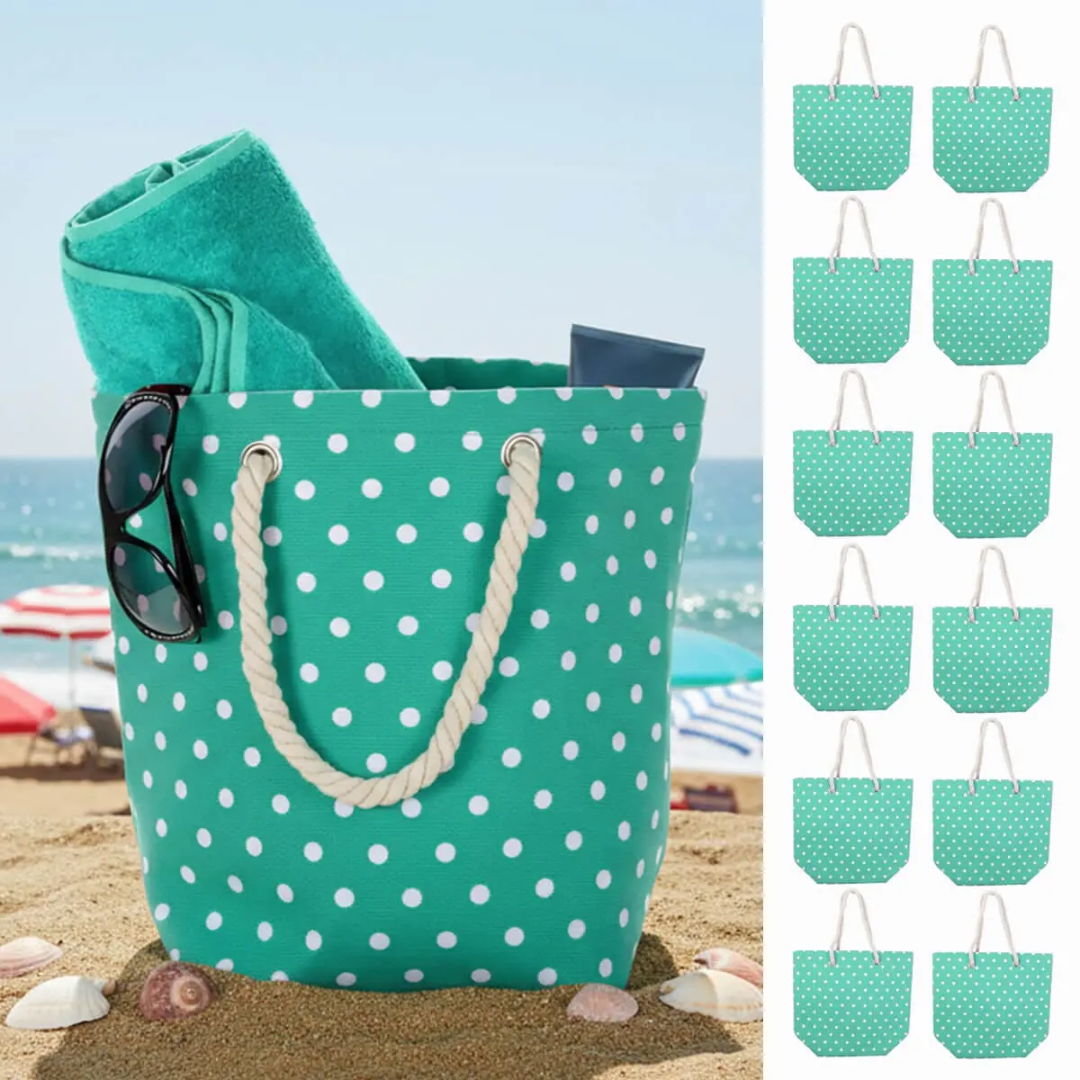 Bulk Pack Of 12 Polka Dot Beach Bag Shoulder Tote (Slight Seconds) 1