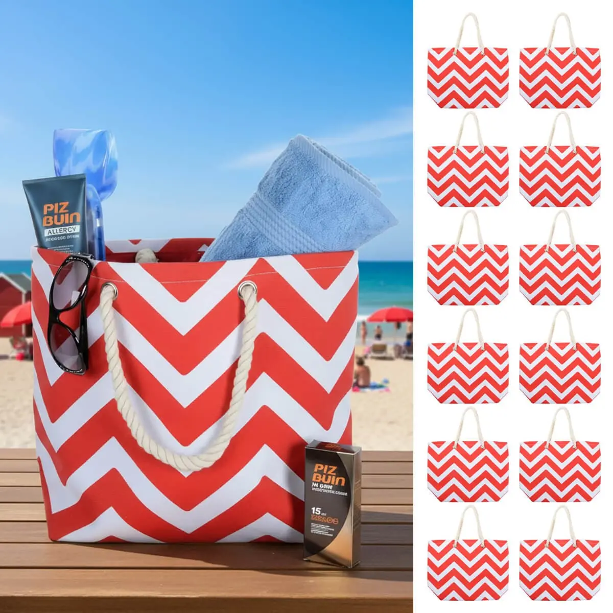 Bulk Pack Of 12 Red Chevron Beach Bag Shoulder Tote (Slight Seconds) 1