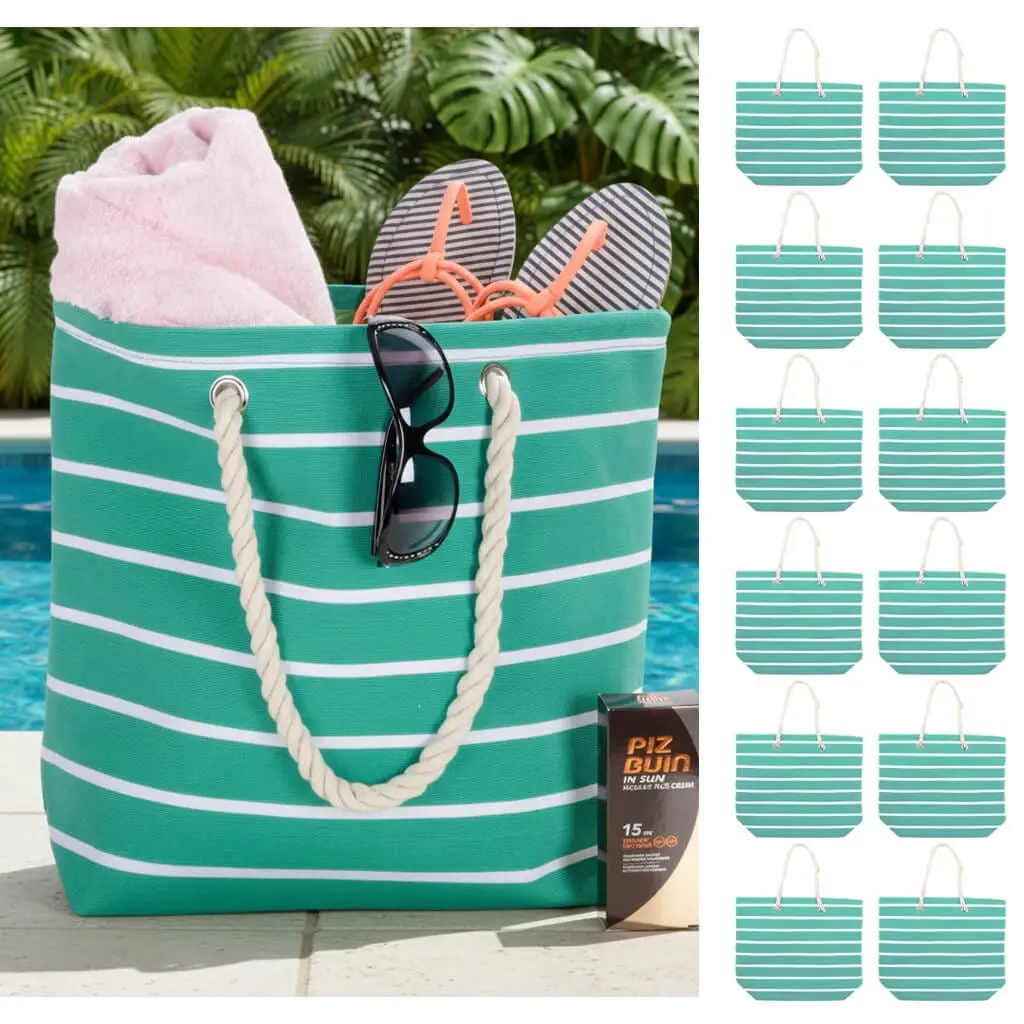Bulk Pack Of 12 Green Stripe Beach Bag Shoulder Tote (Slight Seconds) 1