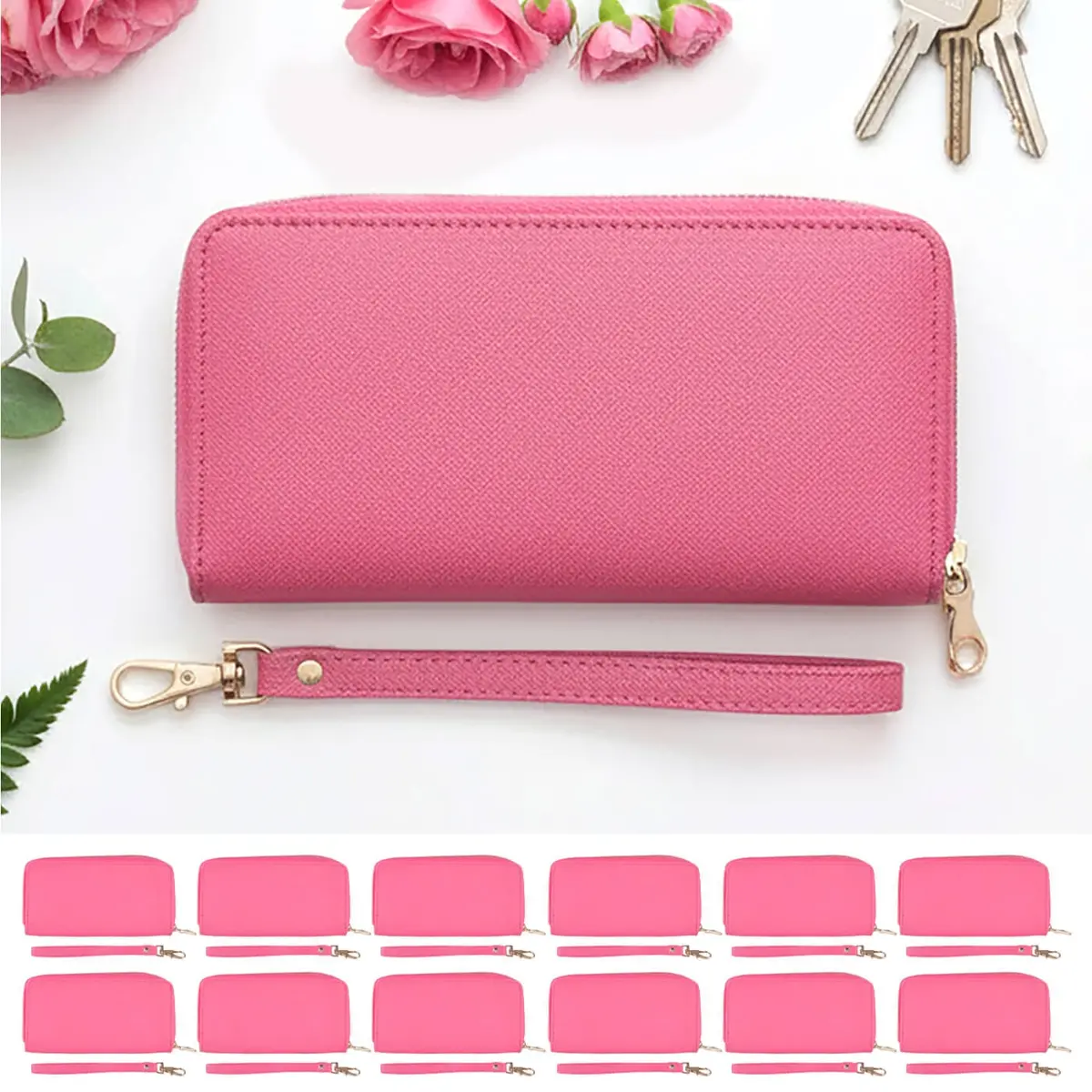 Bulk Pack Of 12 Darby Faux Leather Purse 10 Card Slots Double Zip 1