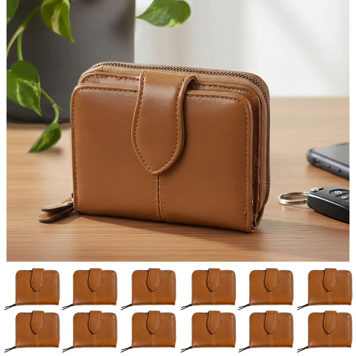Bulk Pack Of 12 Keira Tan Faux Leather Purse Compact Design 1