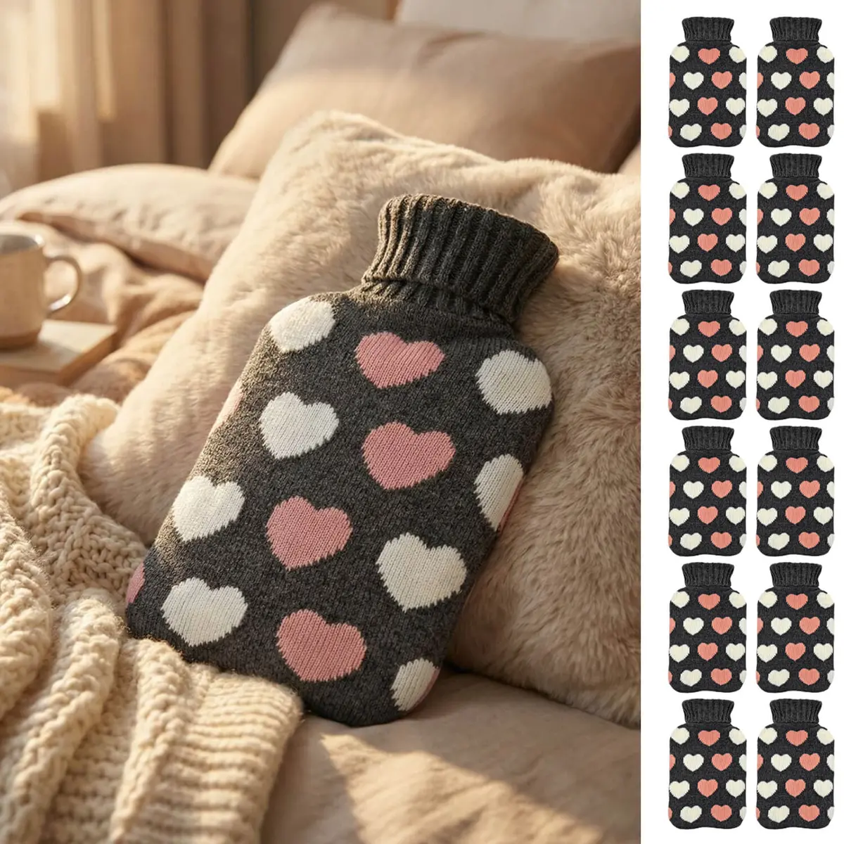 Bulk Pack Of 12 Hot Water Bottle Knitted Cover Pink White 2 Litre 2