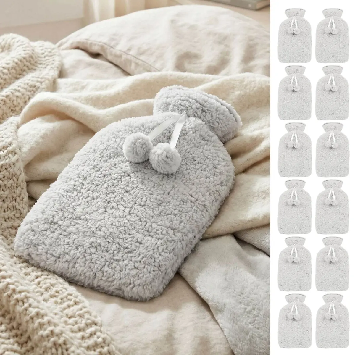 Bulk Pack Of 12 Luxury Sherpa Fleece Hot Water Bottles Grey 2 Litre 1