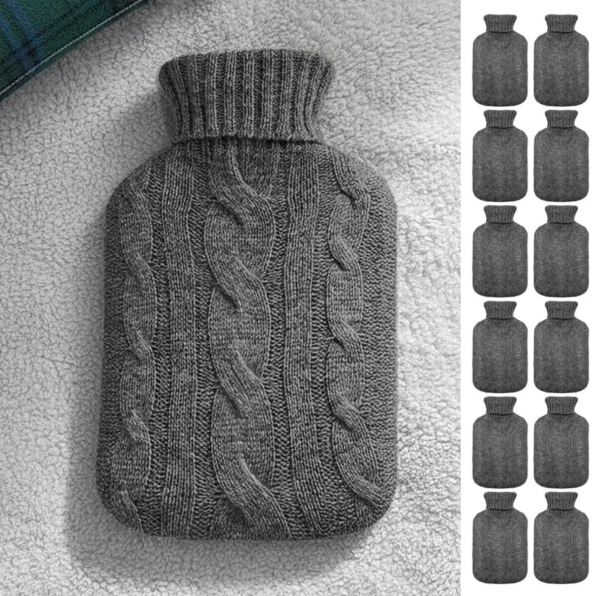 Bulk Pack Of 12 Cable Knit Cover Hot Water Bottle Dark Grey 2 Litre 1
