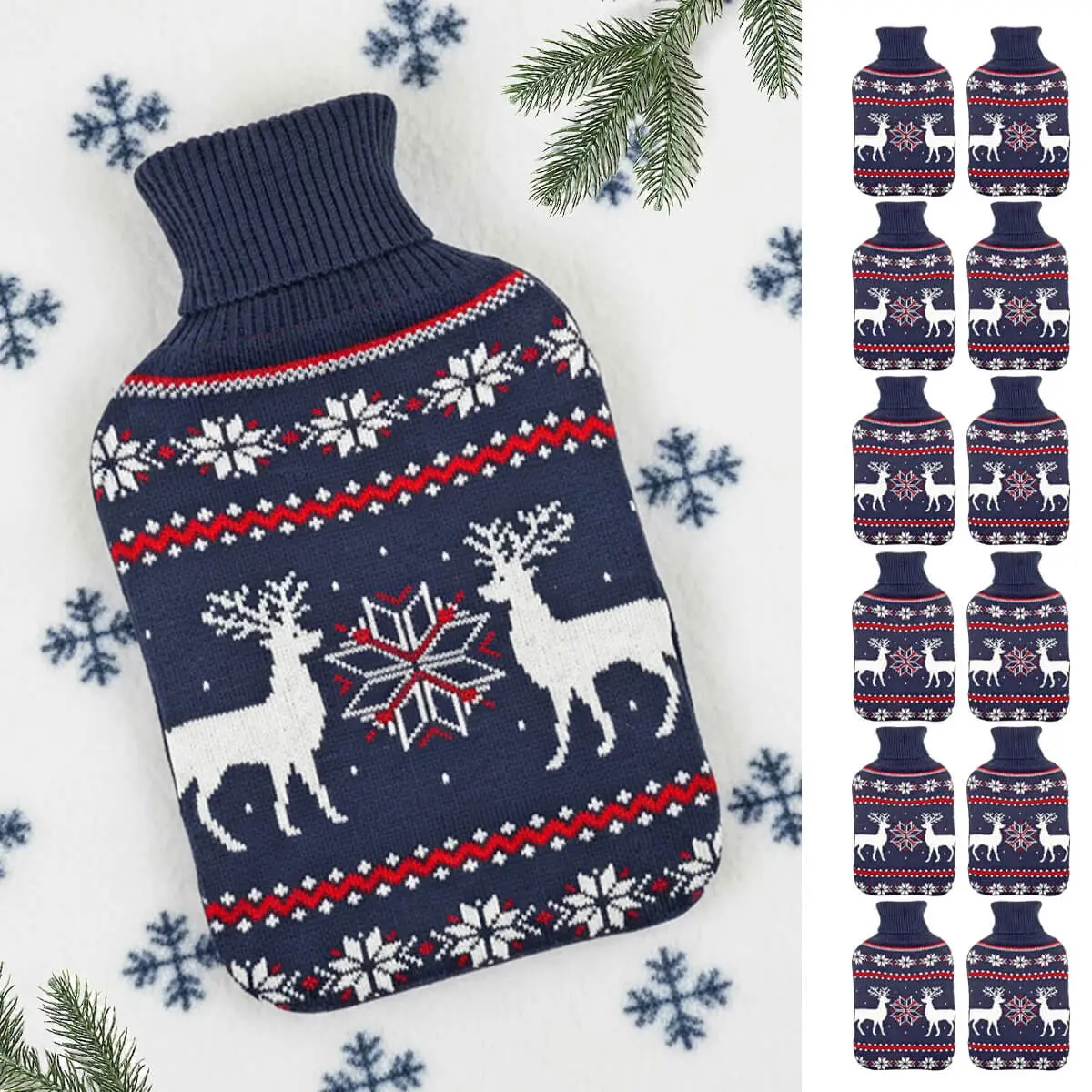 Bulk Pack Of 12 Christmas Hot Water Bottle Reindeer Snowflake Knit 1