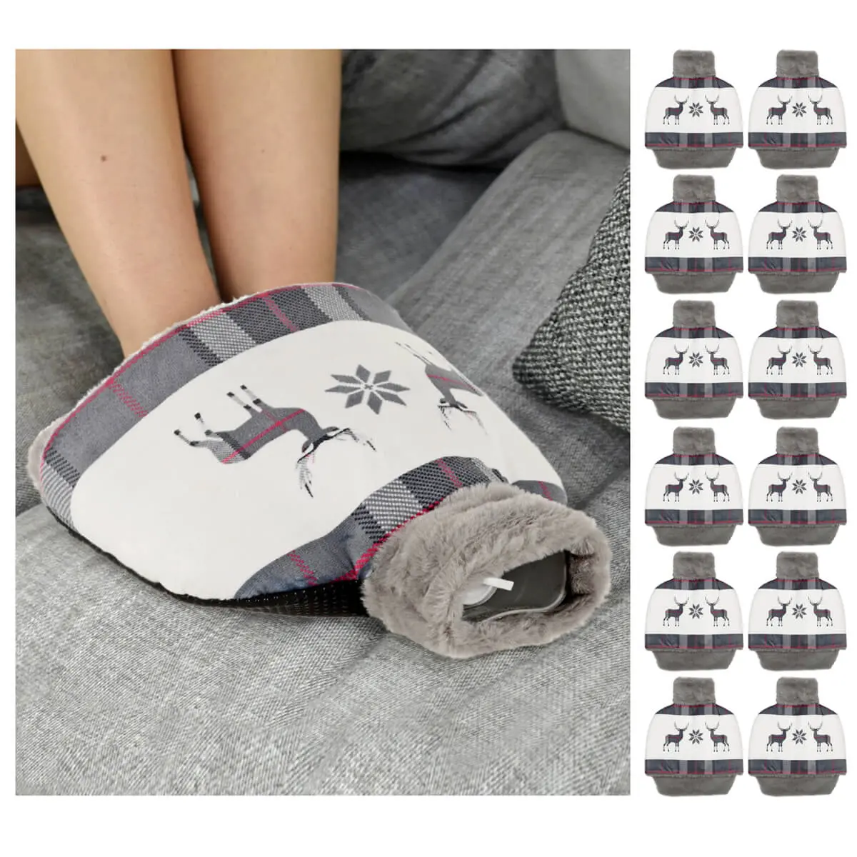 Bulk Pack Of 12 Christmas Foot Warmer Hot Water Bottle Reindeer Tartan 1