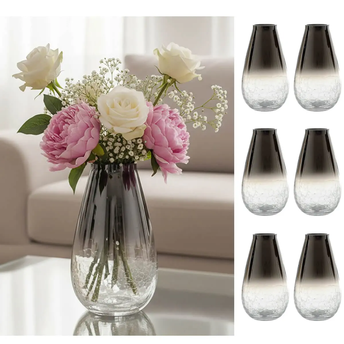 Bulk Pack Of 6 Crackle Glass Vase Smoked Ombre Nickel Plate Top 25Cm 1