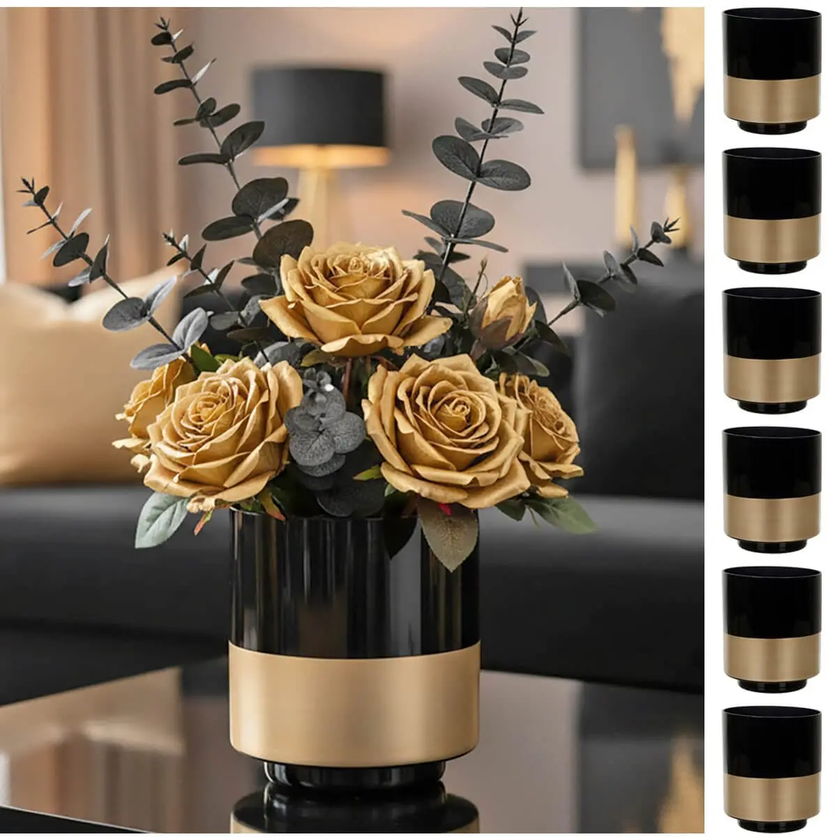 Bulk Pack Of 6 Hibiscus Flower Vase Black Glass Gold Band 14Cm 1