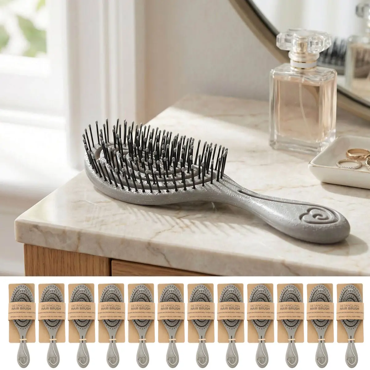 Bulk Pack Of 12 Biodegradable Vented Hairbrush Wheat Straw Grey 1