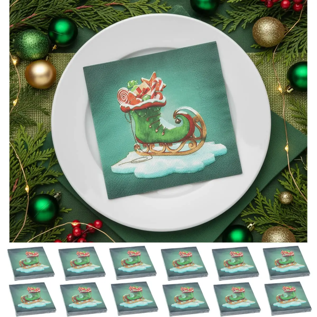 Bulk Pack Of 240 Christmas Napkins Elf Green Boot Design 3 Ply Paper 1
