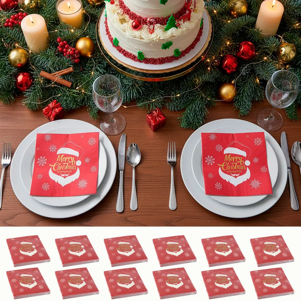 Bulk Pack Of 240 Merry Christmas Napkins Red Santa 3 Ply Paper 1