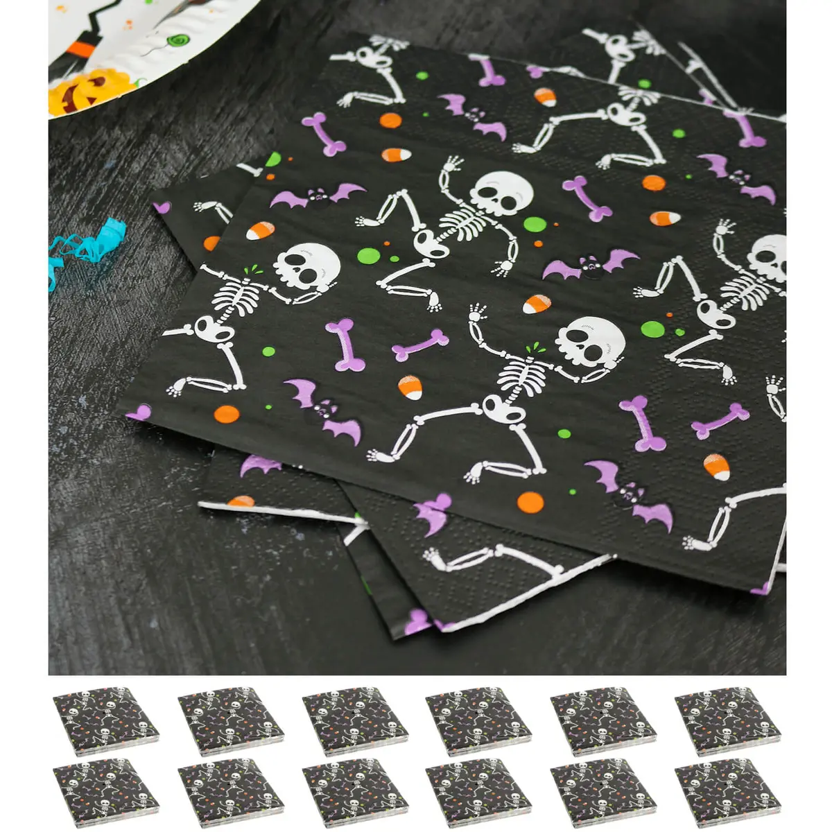 Bulk Pack Of 240 Halloween Napkins Dancing Skeletons Black 3 Ply 1