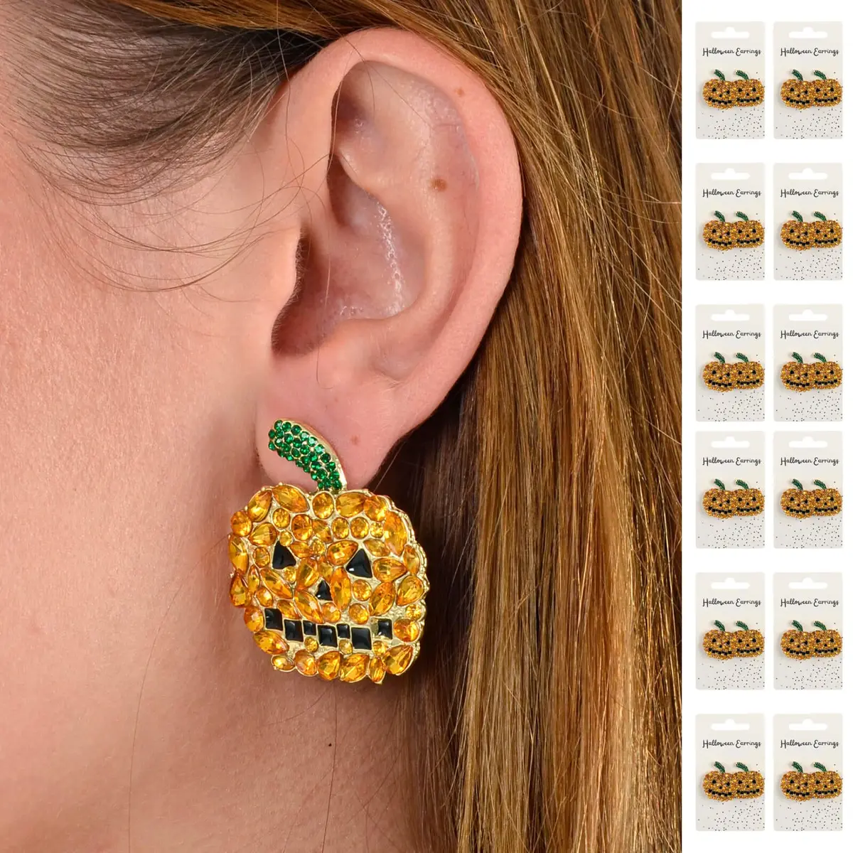Bulk Pack Of 12 Pumpkin Stud Earrings Sparkling Halloween Jewellery 1
