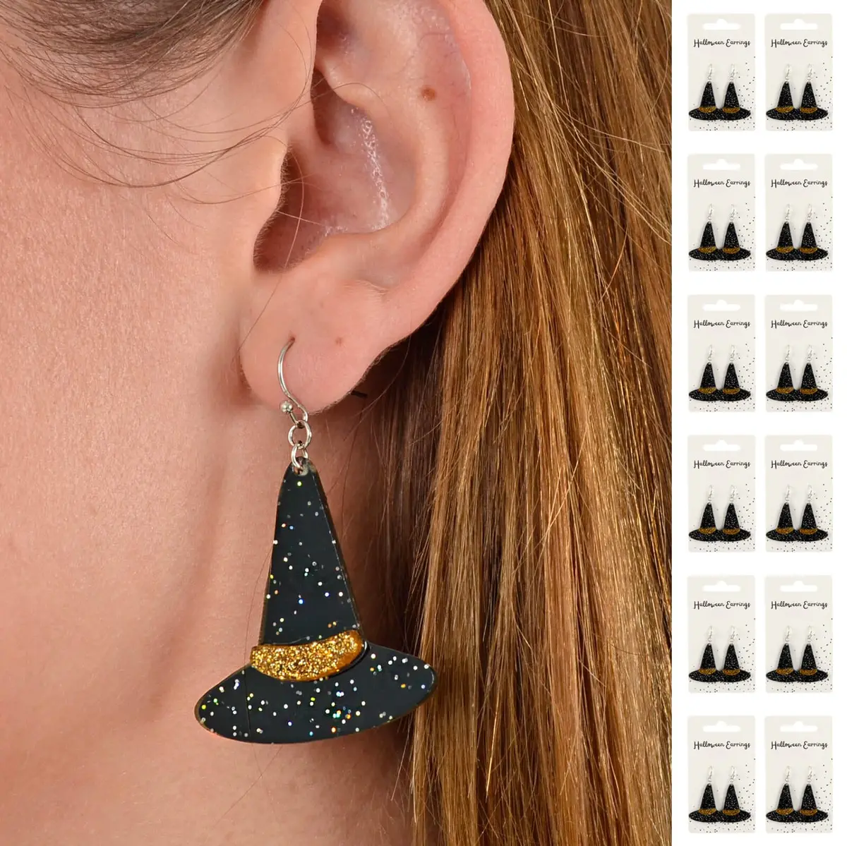 Bulk Pack Of 12 Black Witch Hat Drop Earrings Halloween Jewellery 1