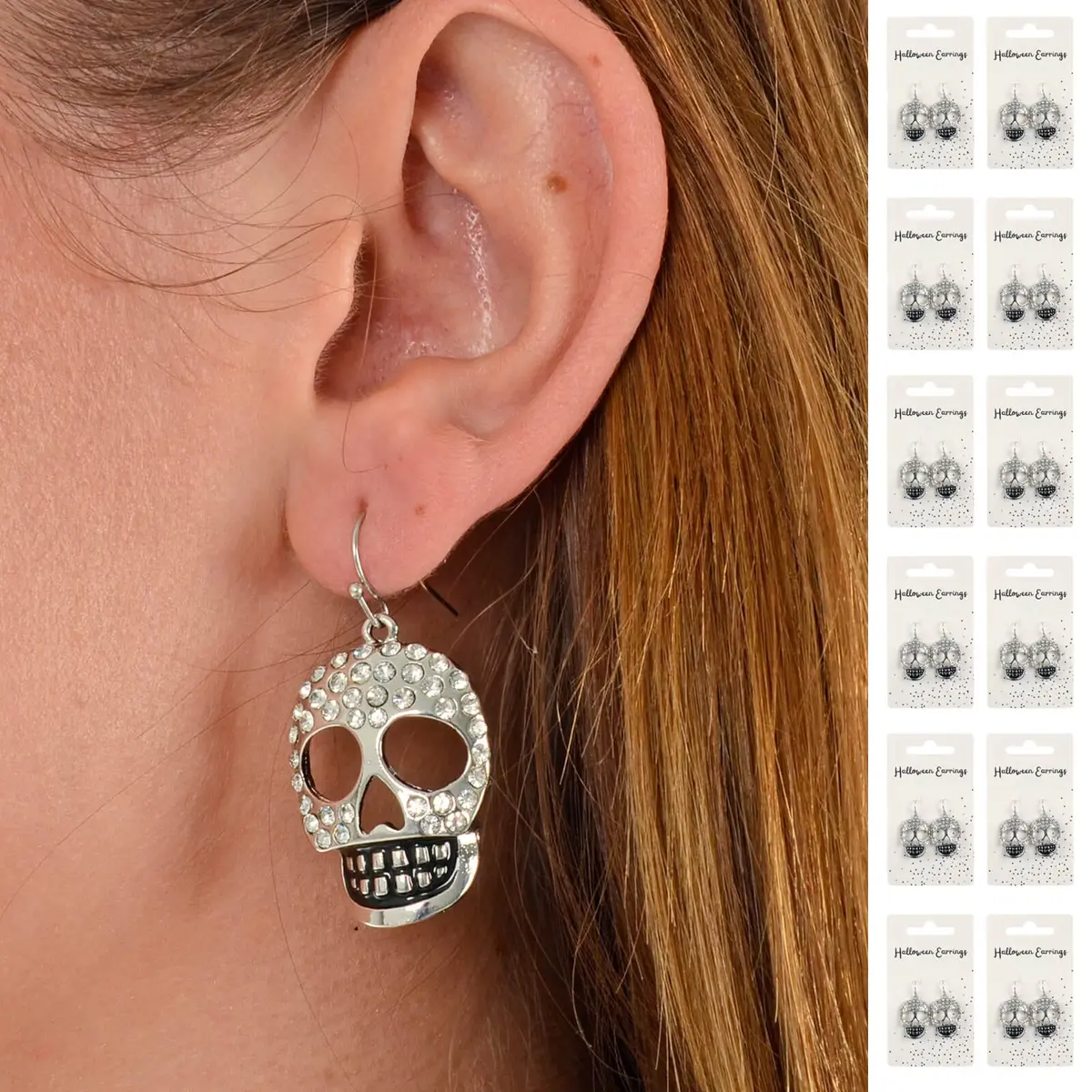 Bulk Pack Of 12 Silver Skull Drop Earrings Diamante Halloween Party 1