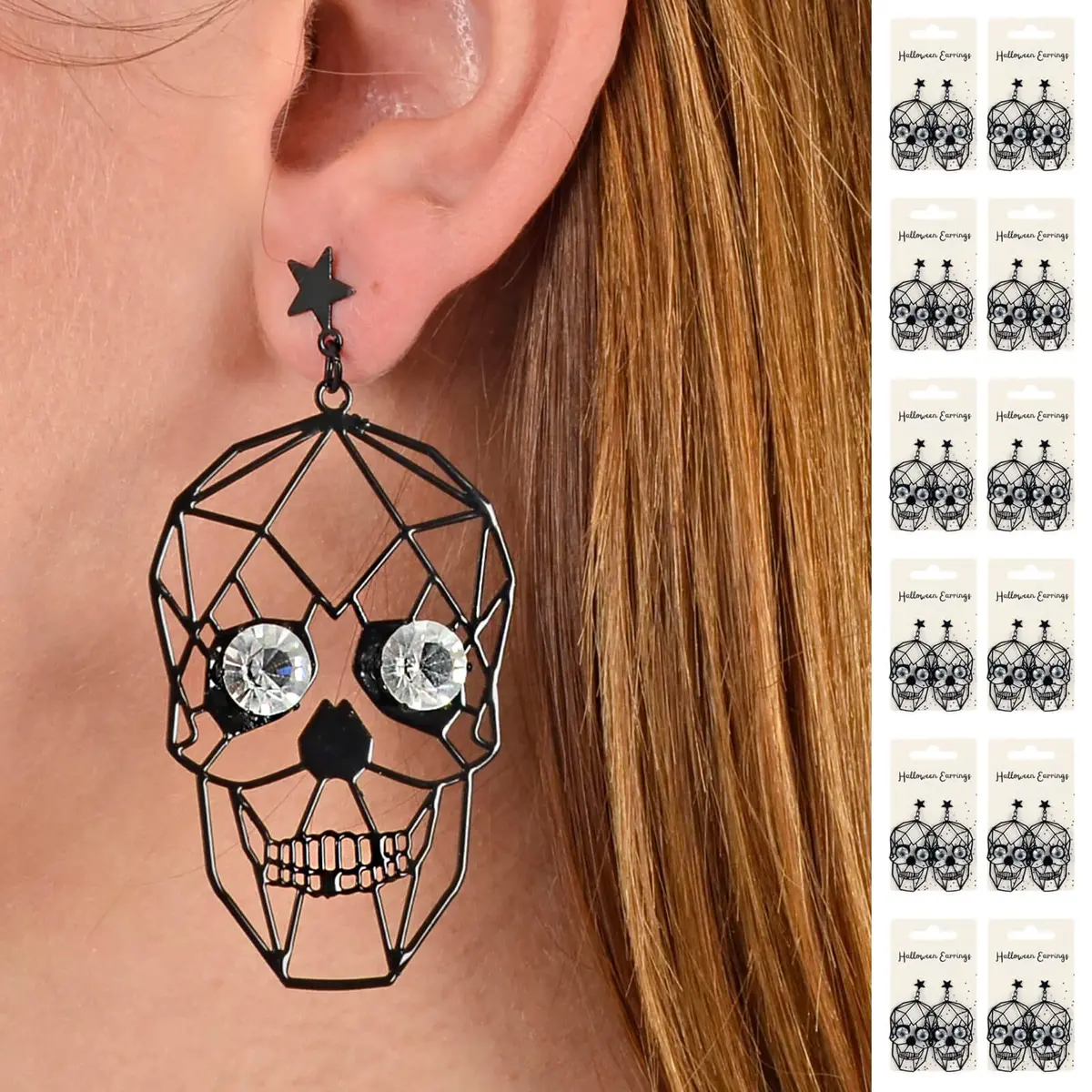 Bulk Pack Of 12 Black Skull Drop Earrings Crystal Eyes Halloween Goth 1