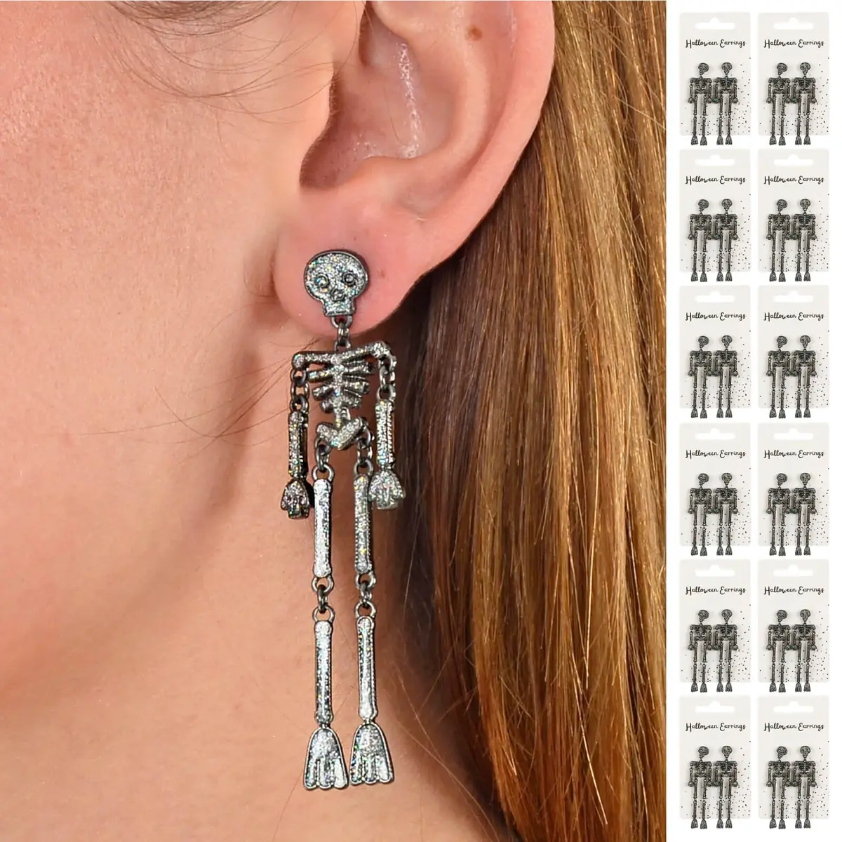 Bulk Pack Of 12 Dancing Skeleton Drop Earrings Silver Costume Jewellery 1
