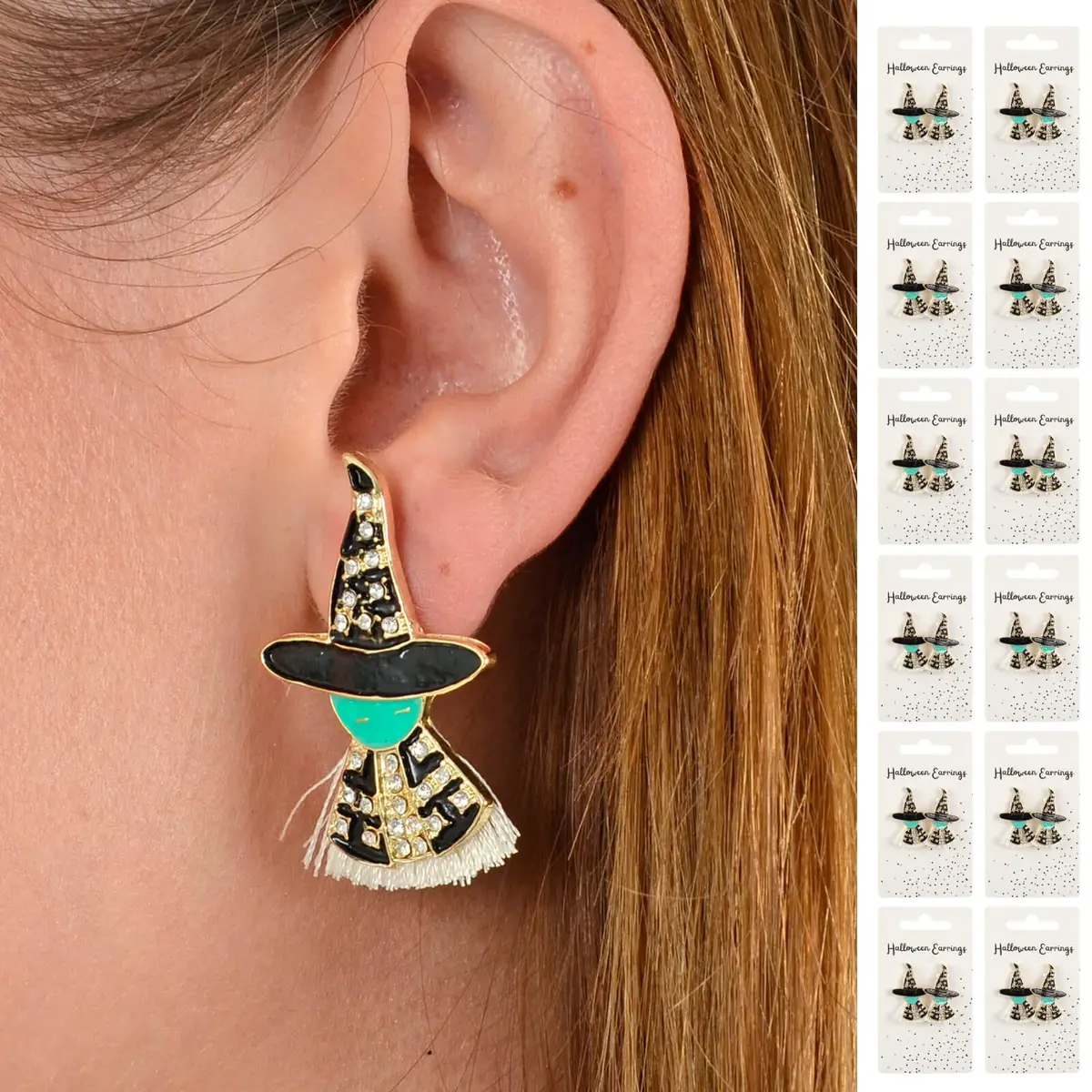 Bulk Pack Of 12 Green Witch Stud Earrings Sparkling Diamante Halloween 1