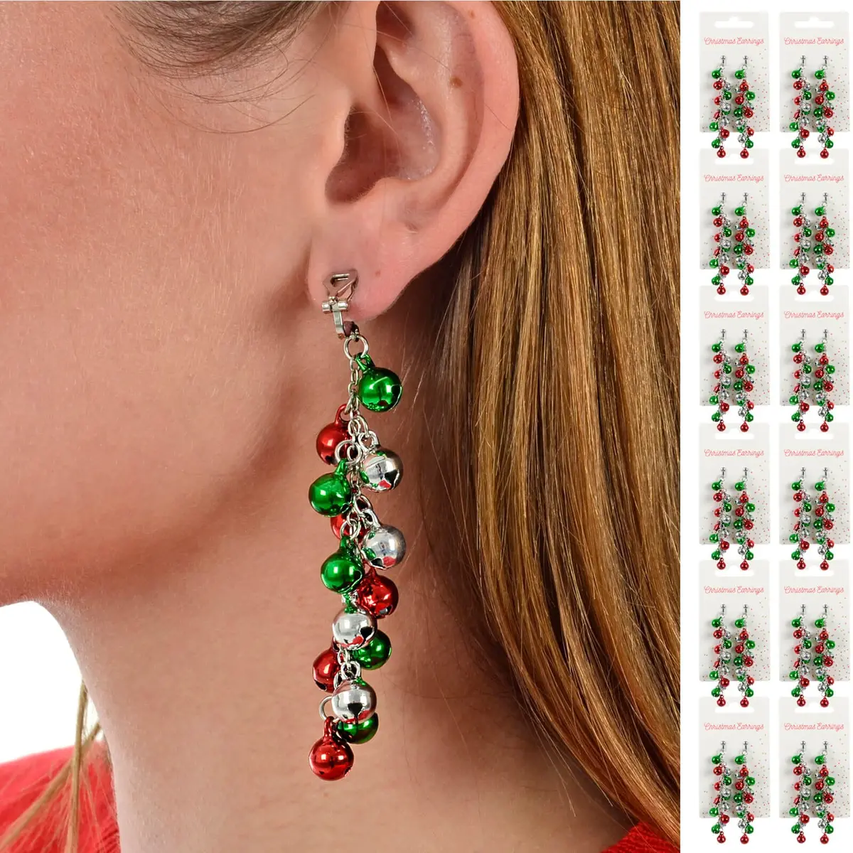 Bulk Pack Of 12 Christmas Earrings Clip On Jingle Bells Red Green 1