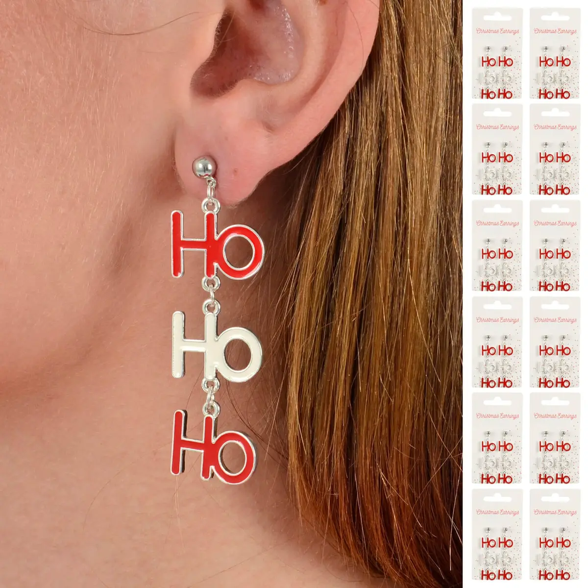 Bulk Pack Of 12 Ho Ho Ho Christmas Earrings Red White Jewellery 1