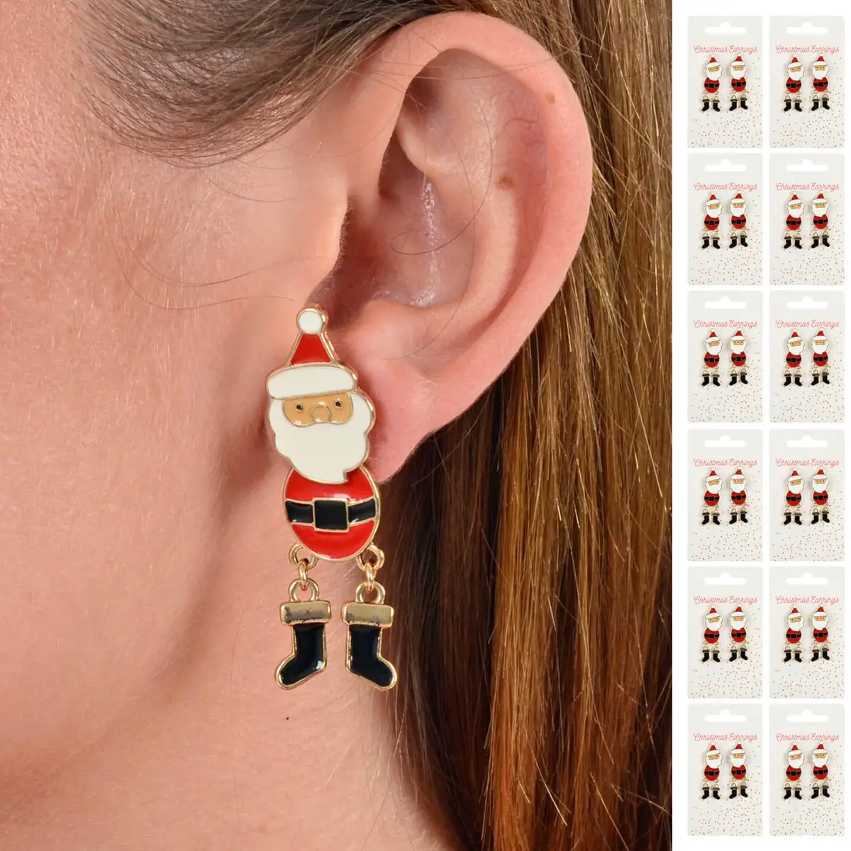 Bulk Pack Of 12 Dancing Santa Christmas Earrings Red White Jewellery 1