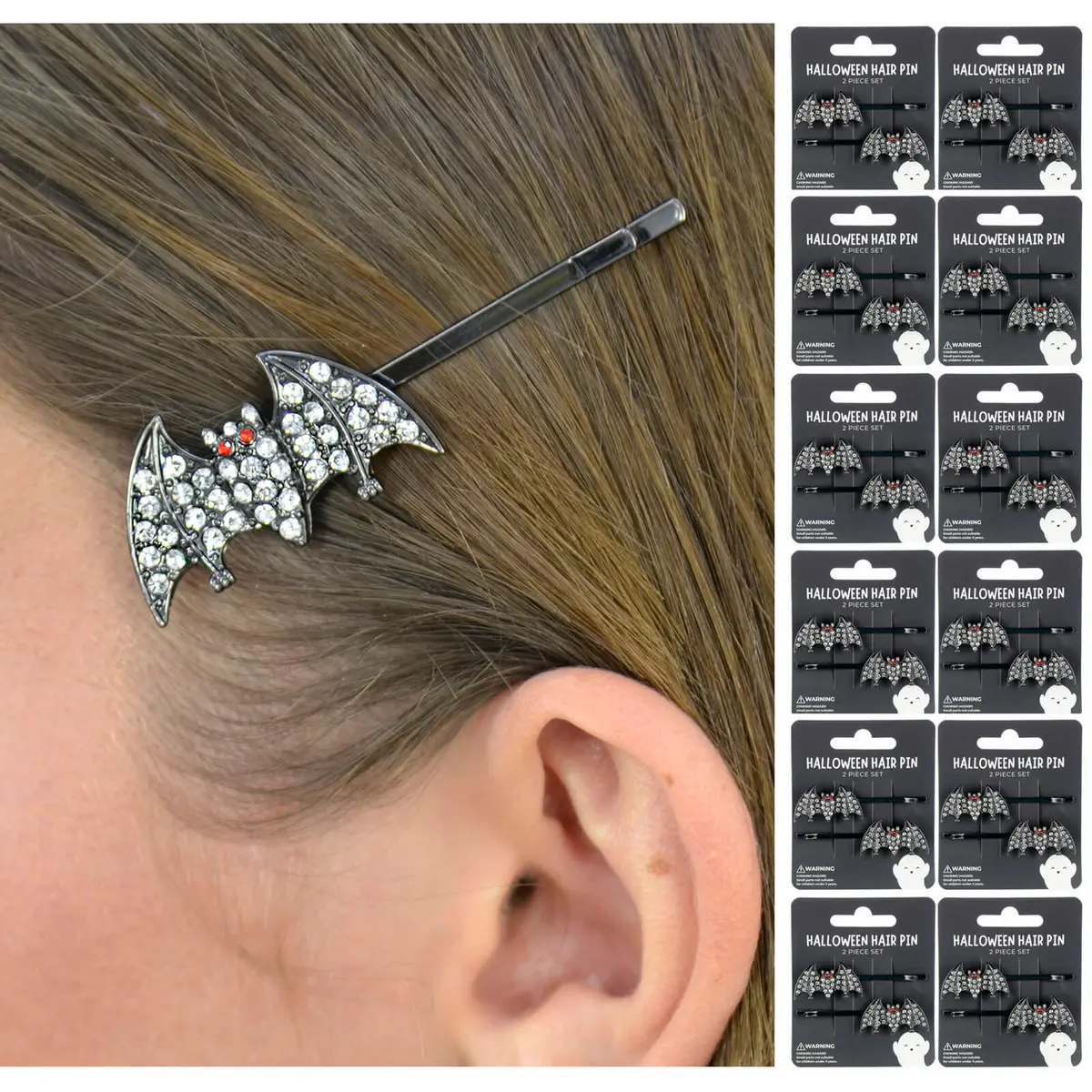 Bulk Pack Of 12 Halloween Bat Hair Slides Black Pins Red Diamante Eyes 1