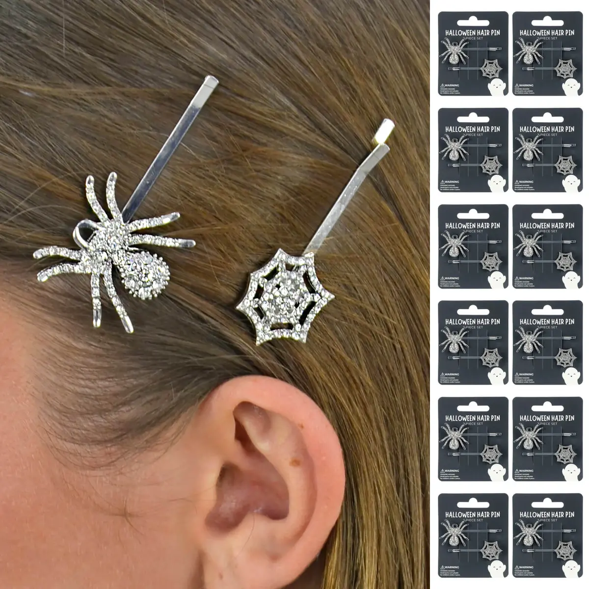 Bulk Pack Of 12 Halloween Hair Pins Silver Spider Web Slides Diamante 1