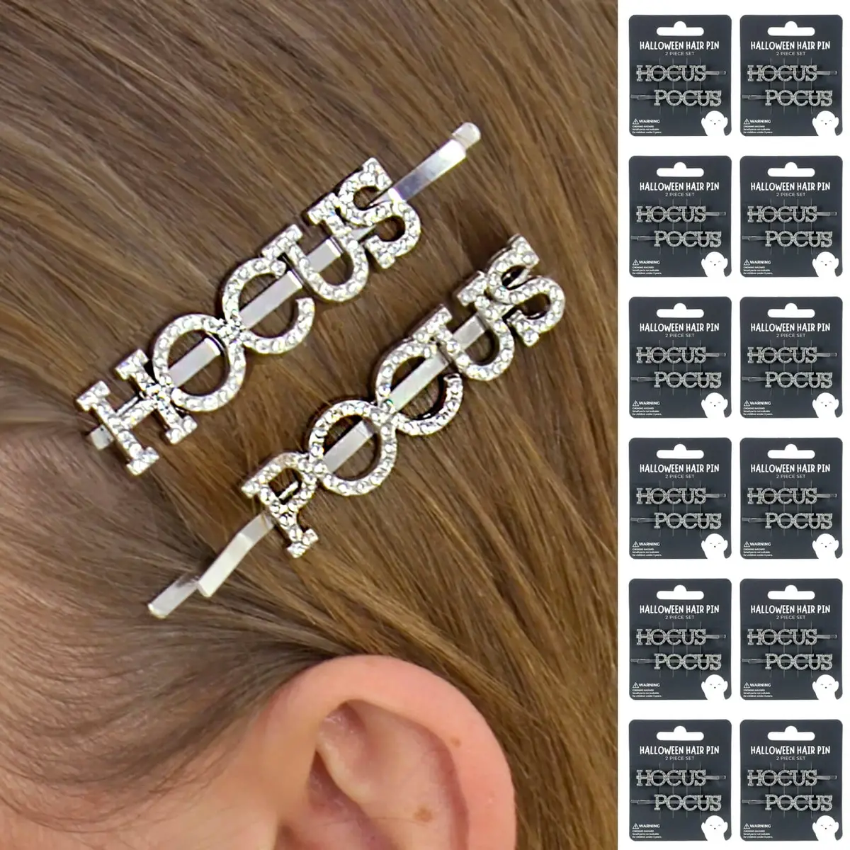Bulk Pack Of 12 Hocus Pocus Hair Pins Slides Silver Crystal Halloween 1