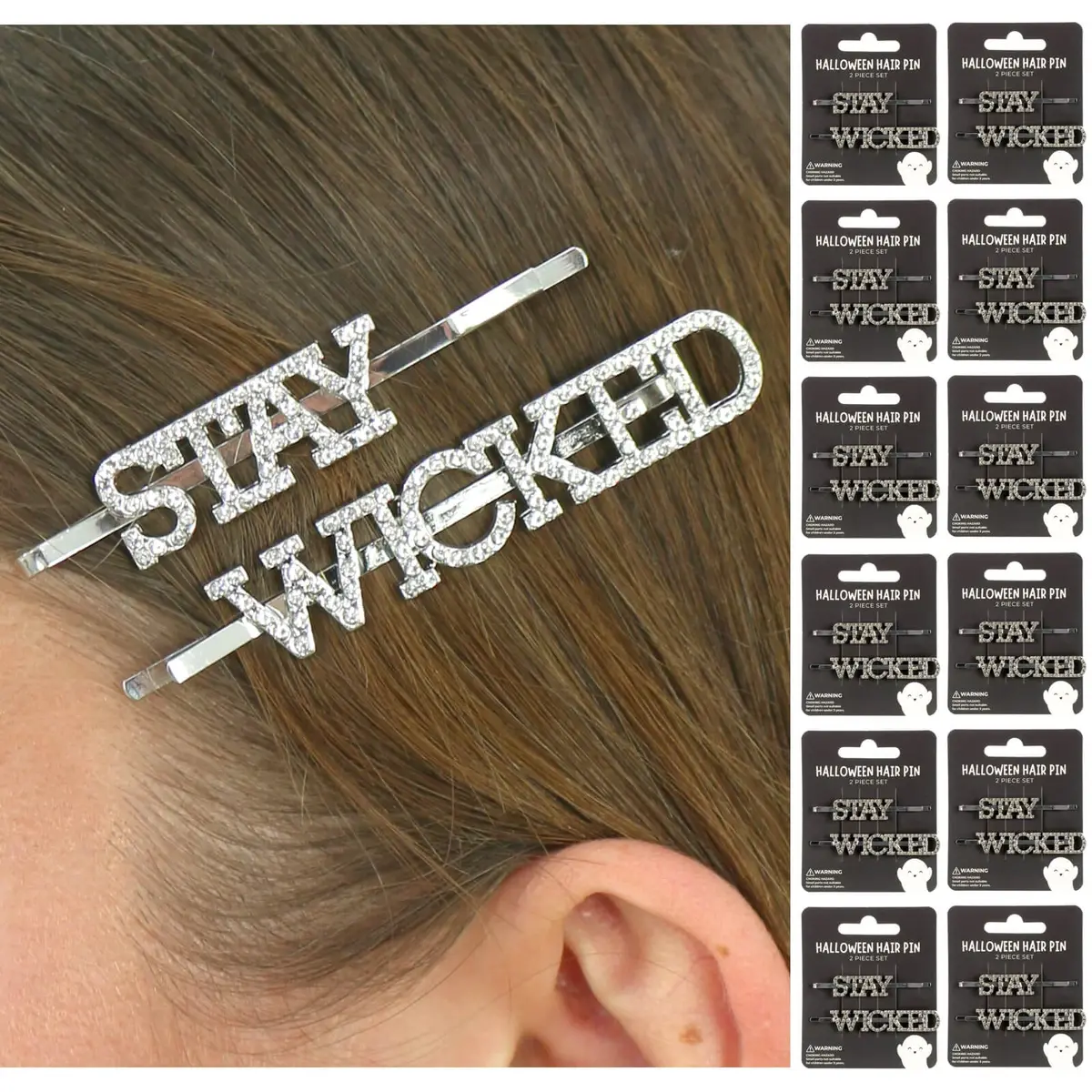 Bulk Pack Of 12 Stay Wicked Hair Slides Silver Diamante Halloween 1