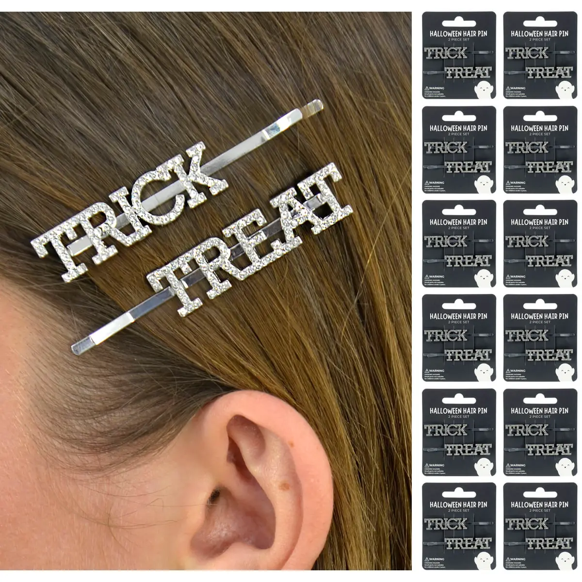 Bulk Pack Of 12 Trick Treat Hair Slides Silver Diamante Halloween 1
