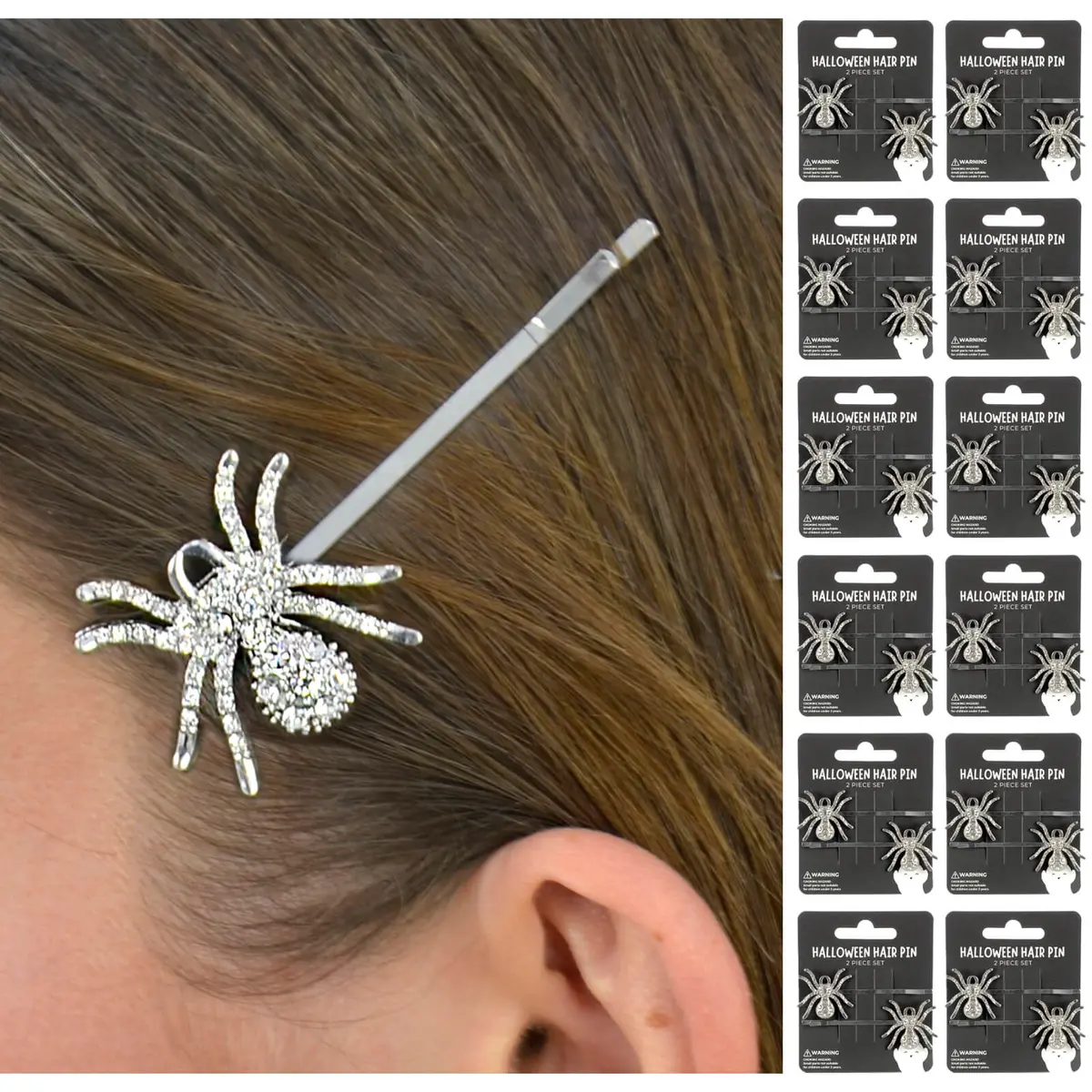 Bulk Pack Of 12 Halloween Hair Pins Silver Spider Diamante Slides 1