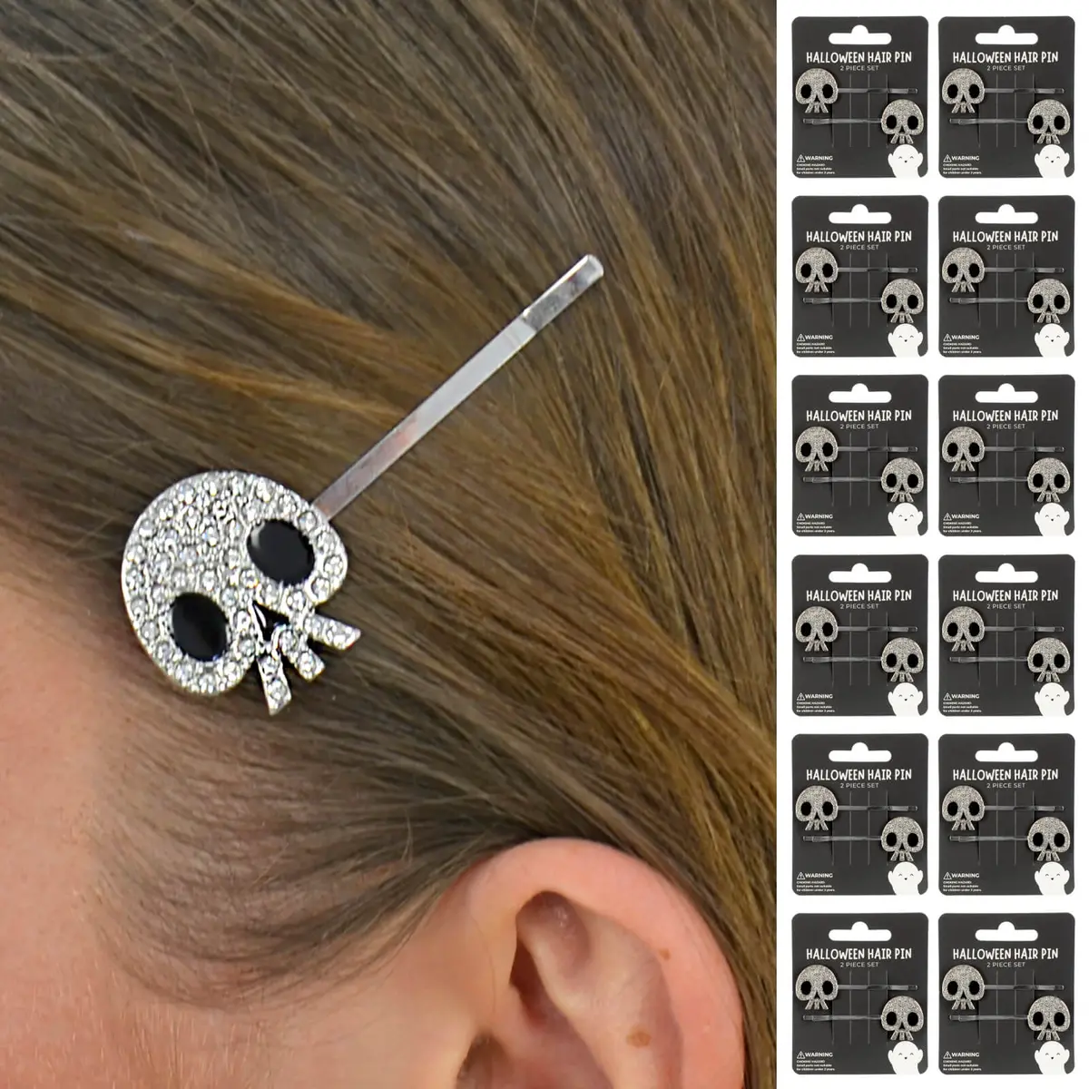 Bulk Pack Of 12 Halloween Hair Pins Silver Skull Diamante Slides 1